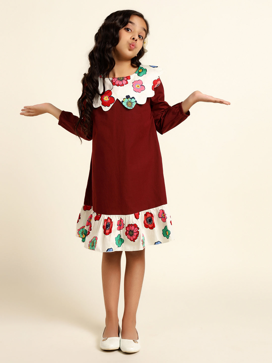 Full Sleeves Scalloped Collar A-Line Dress