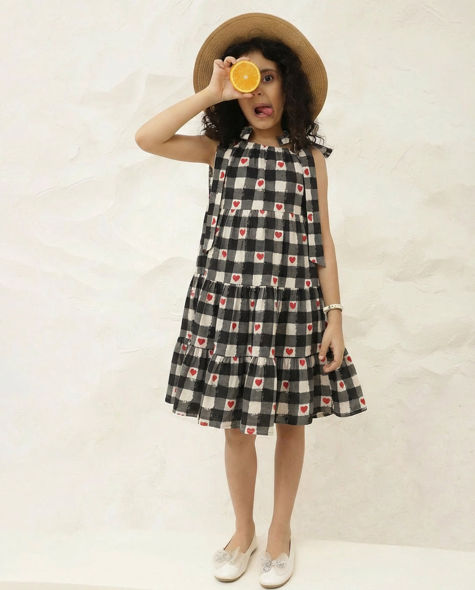 Adjustable Check Heart Print Tiered Dress