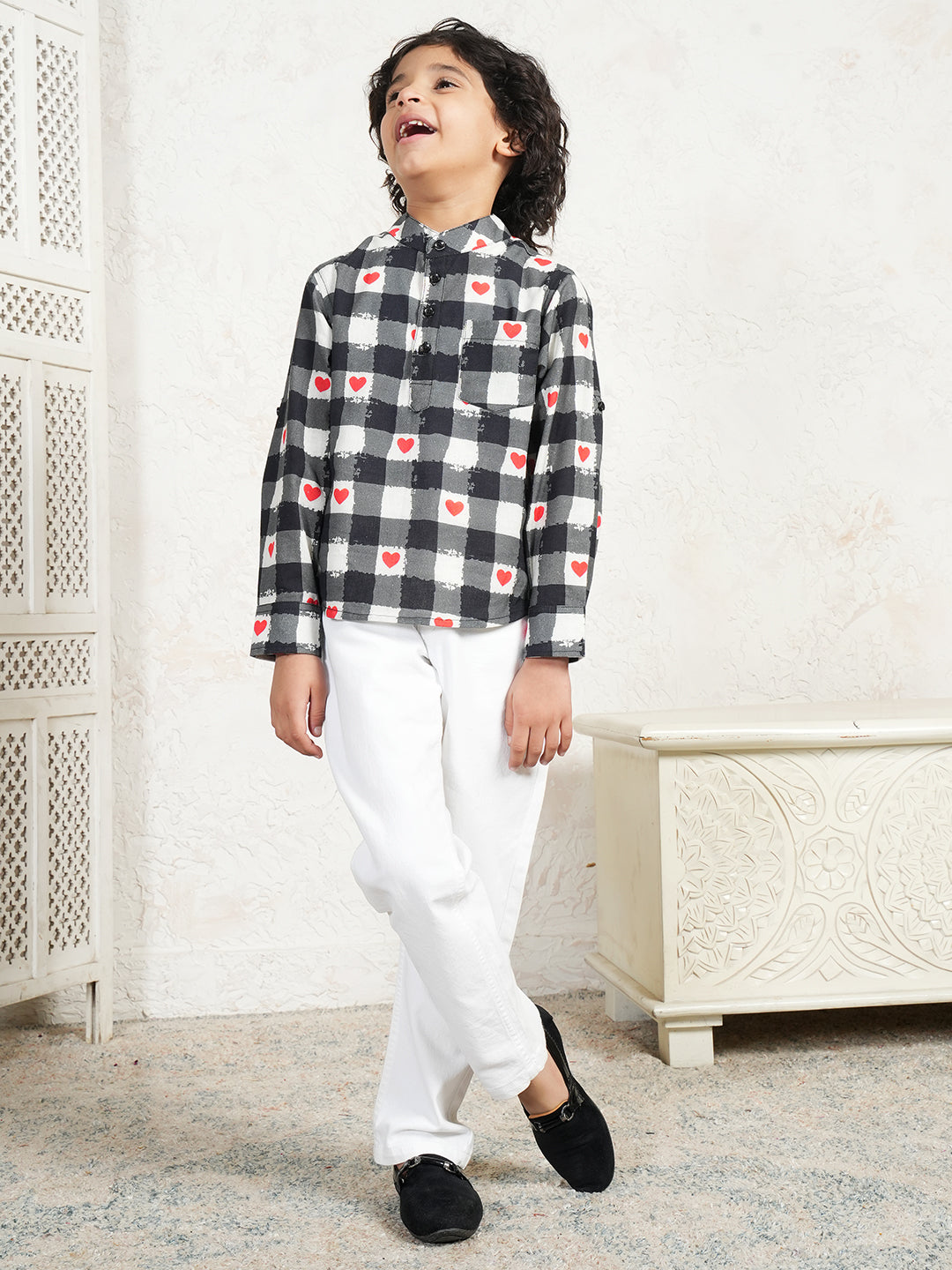 Heart Print Check Kurta For Boys