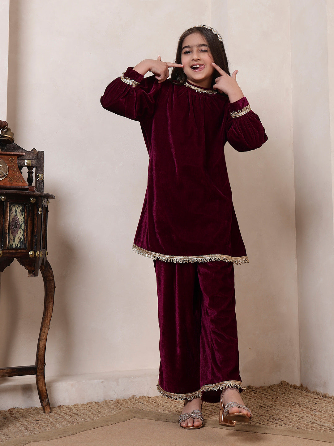 Velvet Band Collar Fusion Kurta Set
