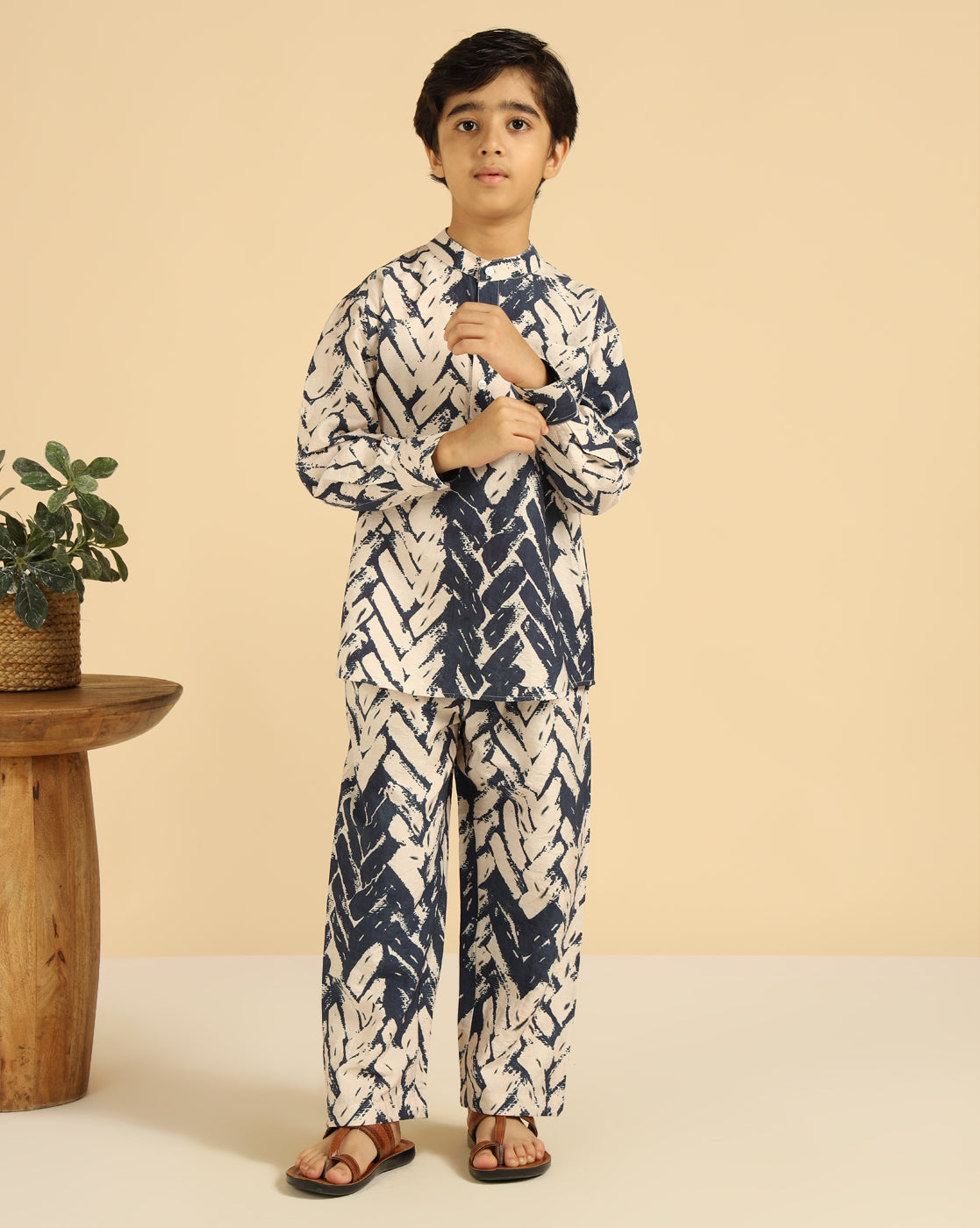 Blue Tie Dye Geometric Kurta With Pant Boys Co-Ord Set