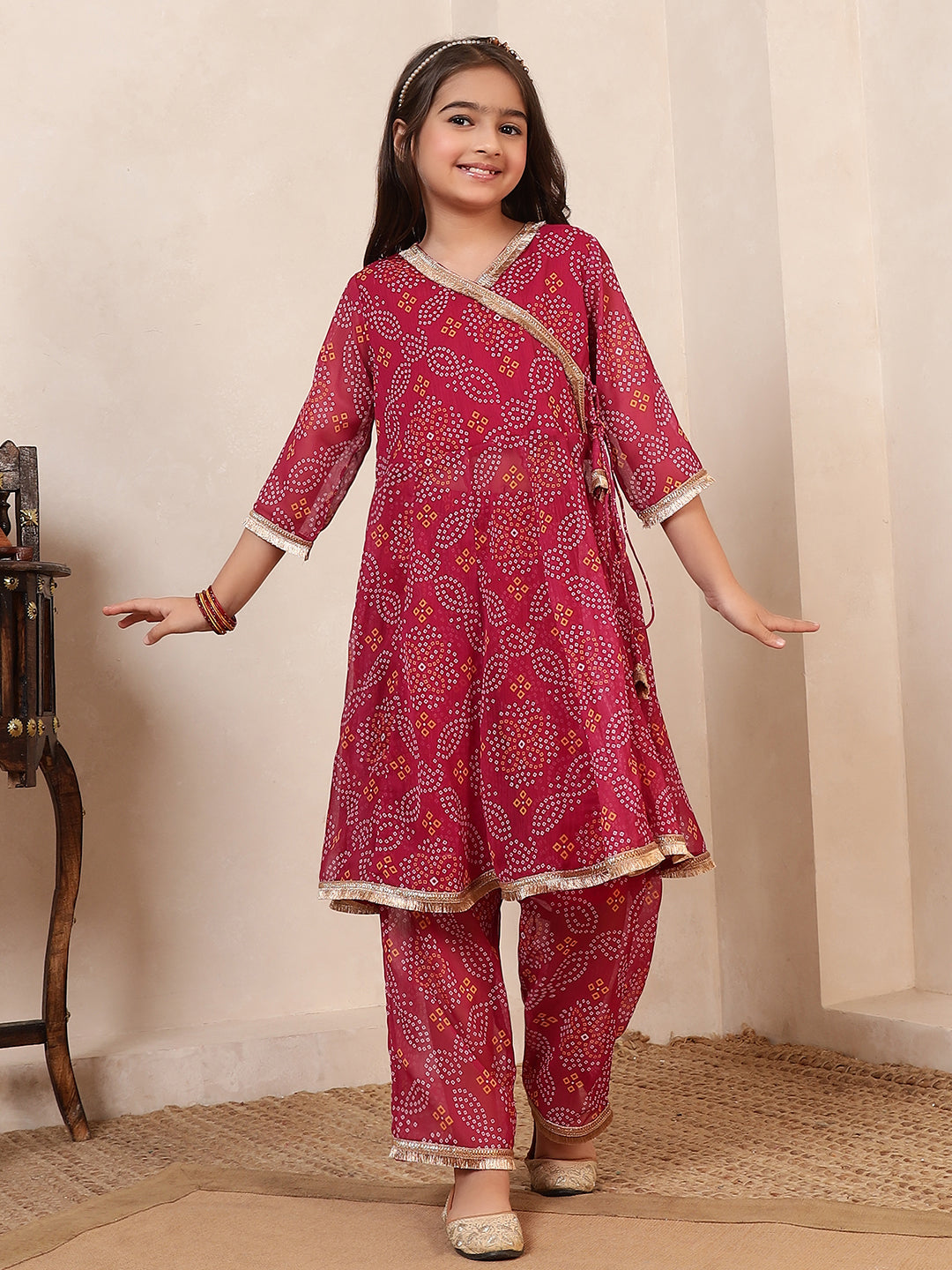 Bandhani Angrakha Style Kurta With Pants Set