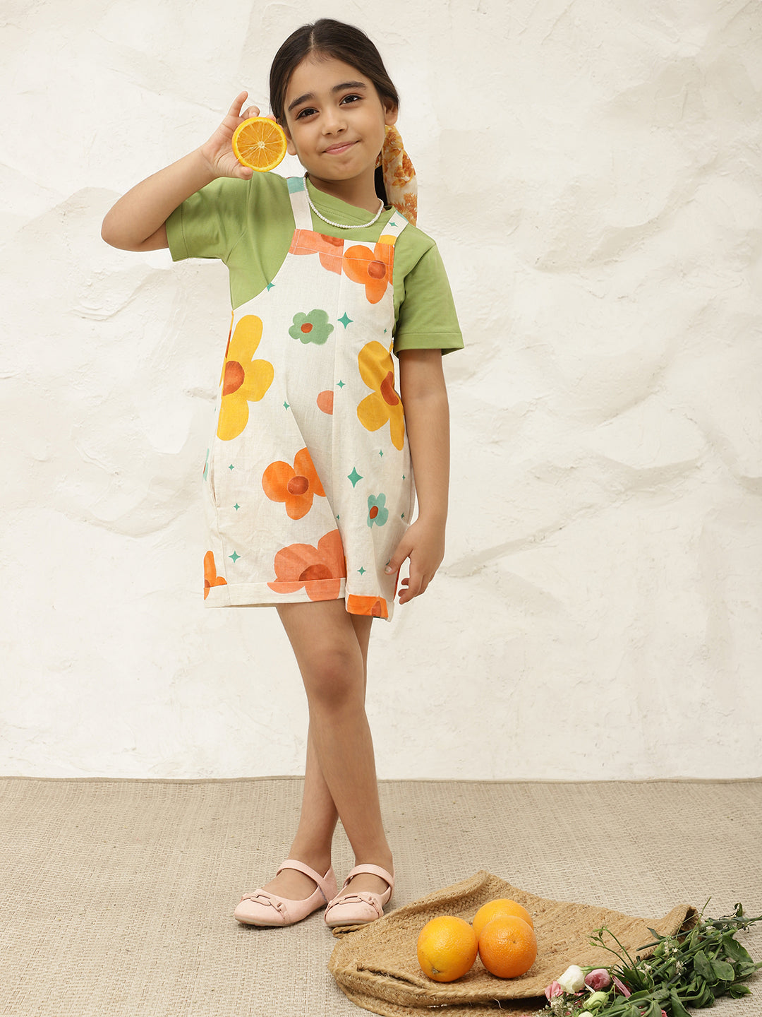 Floral Pure Cotton Jumpsuit With Roll-Up Hem (T-shirt not included)