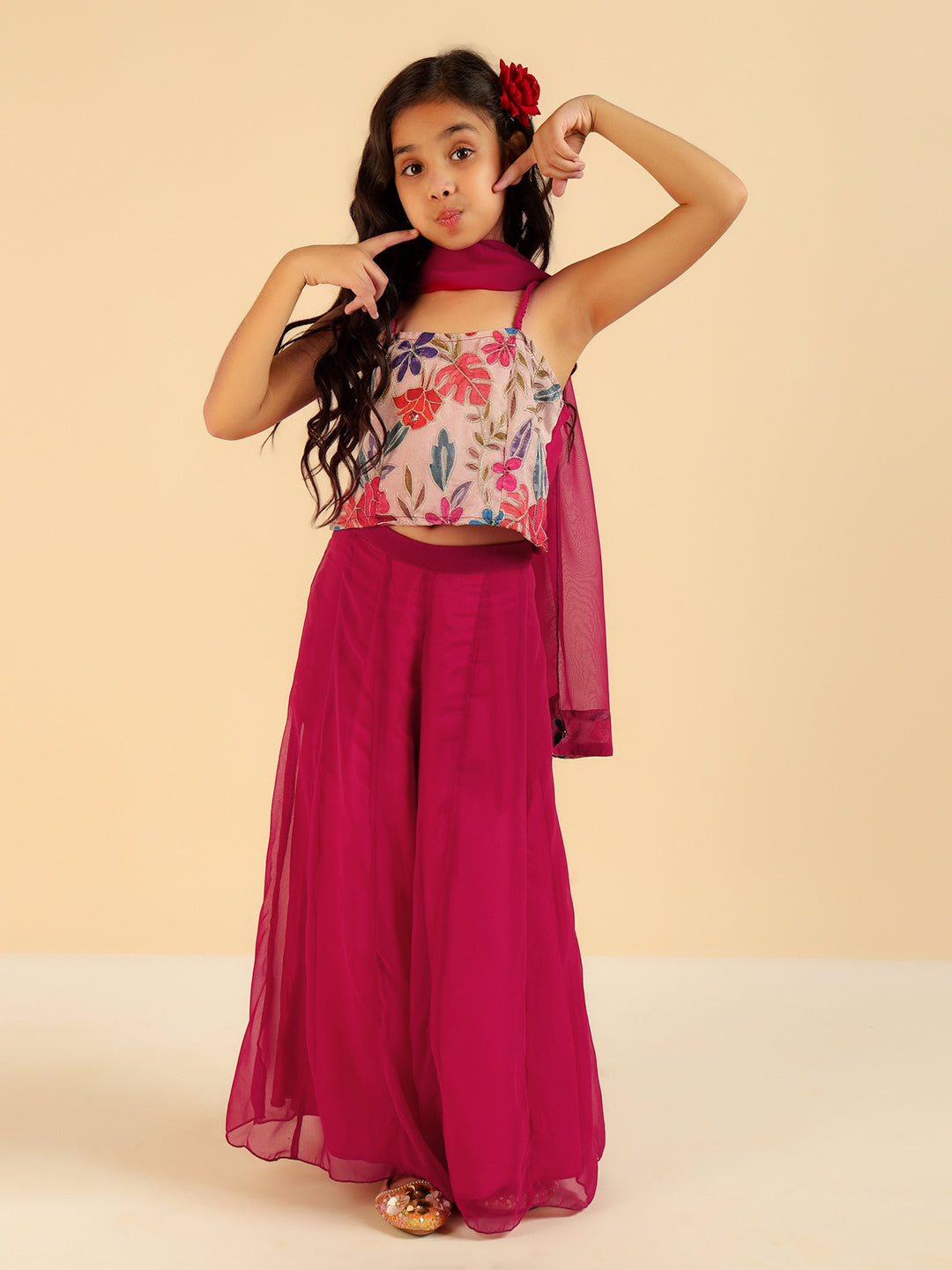 Embroidered Top With Palazzo & Dupatta Indo Western Girls Co-Ord Set