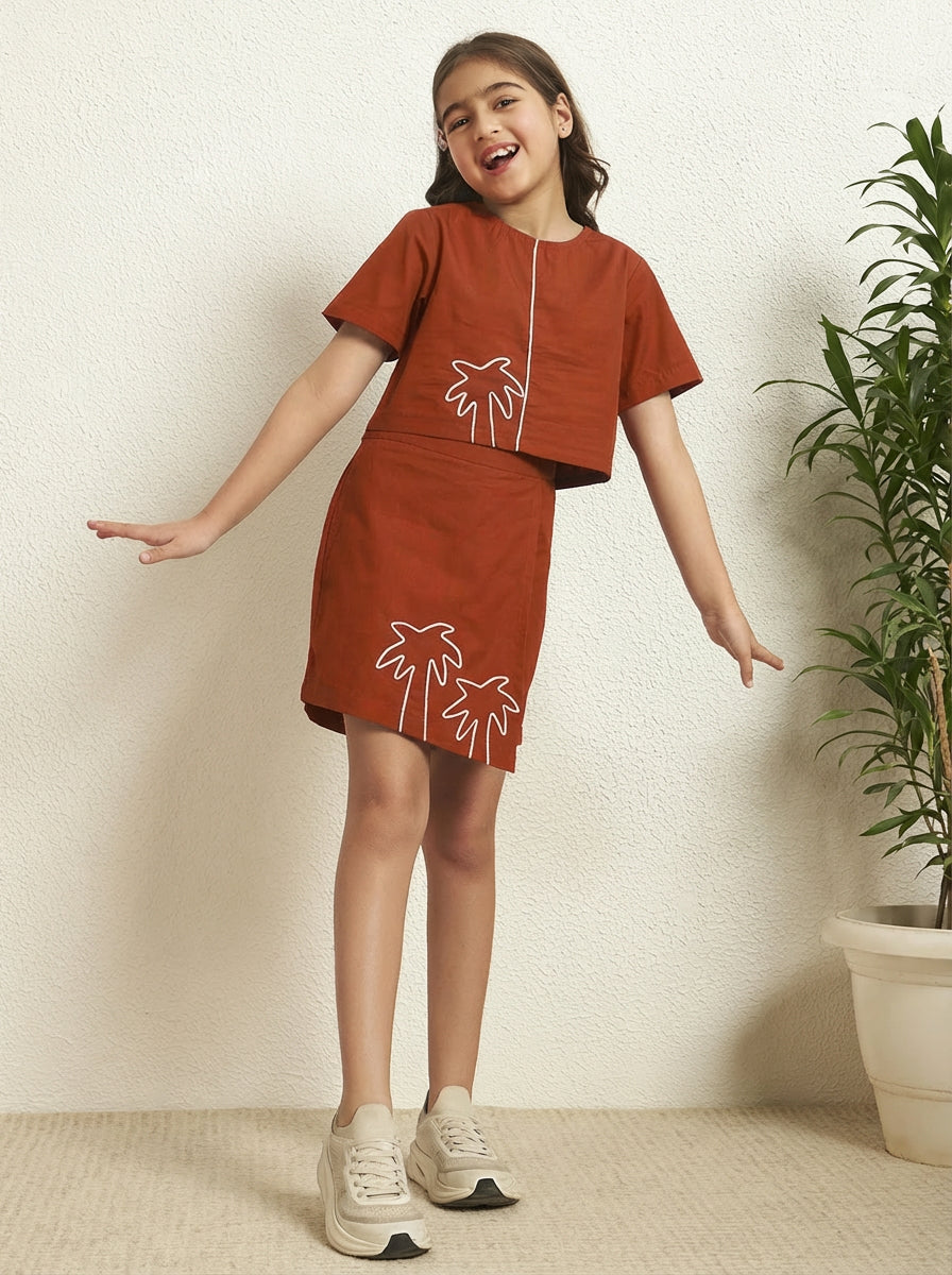 Tan Brown Cotton Poplin Solid Round Neck Girls Co-Ord Set