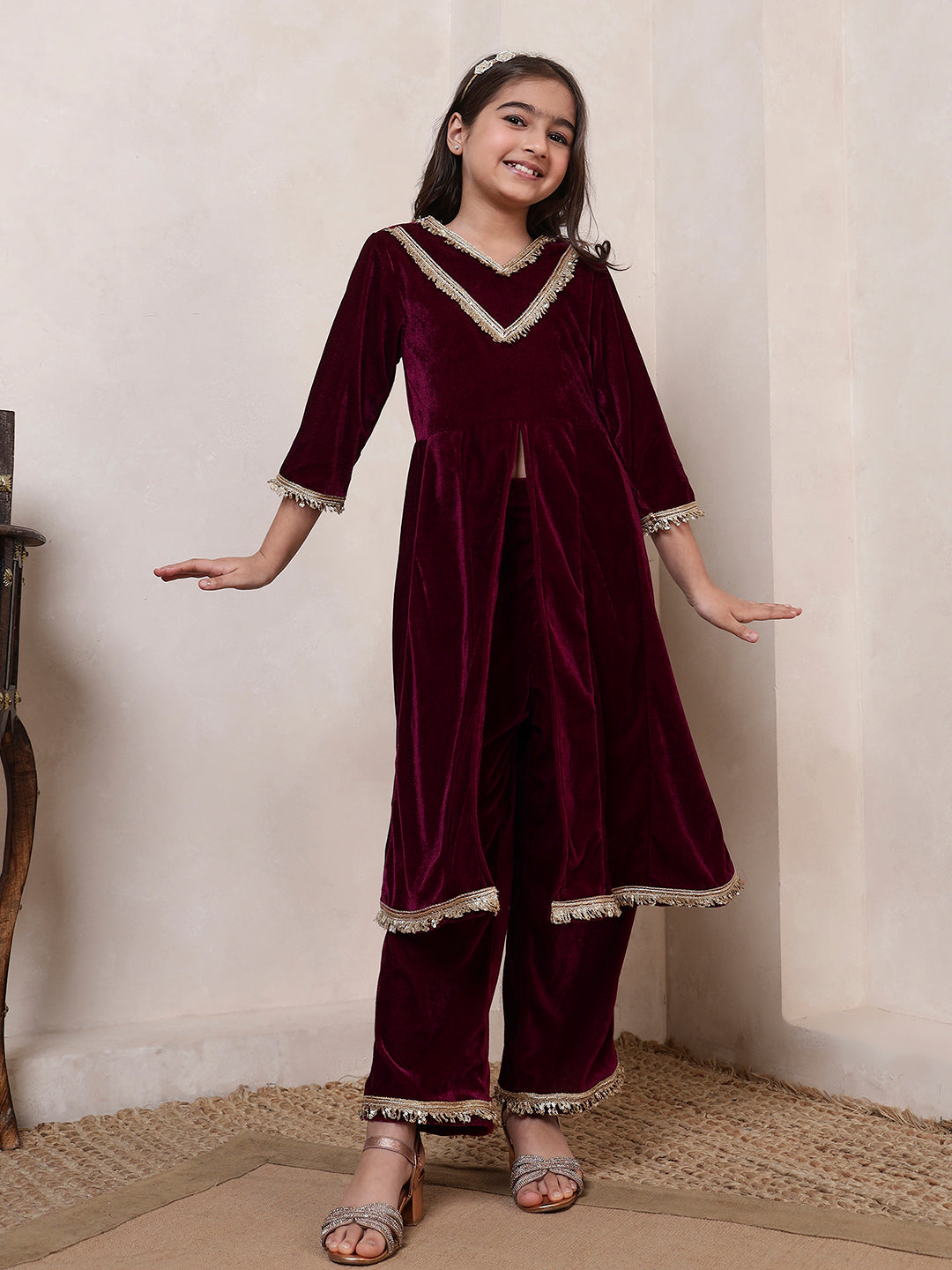 Wine Velvet Kurta Set