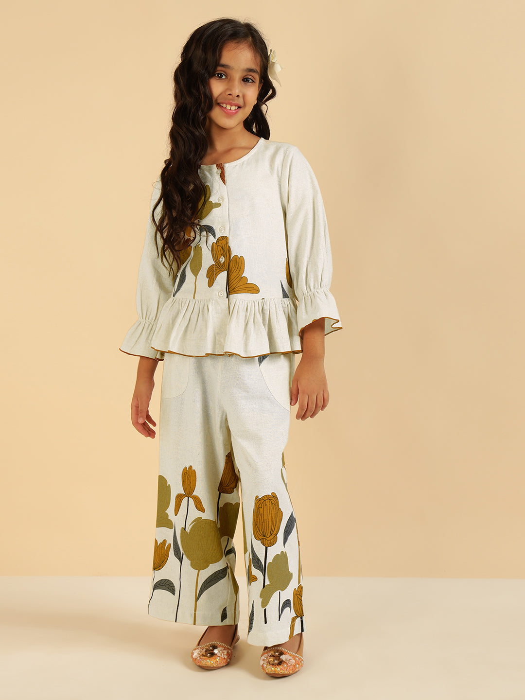 Self Printed Peplum Shirt With Pant Girls Co-Ord Set