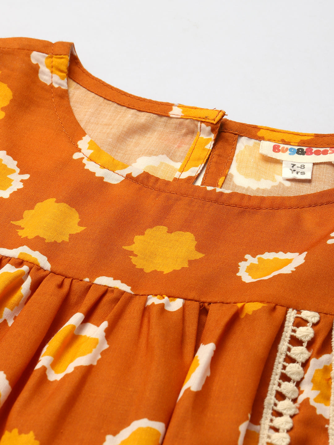 Schiffli Embroidered With Tan Brown Printed Tiered Layered Girls Dress