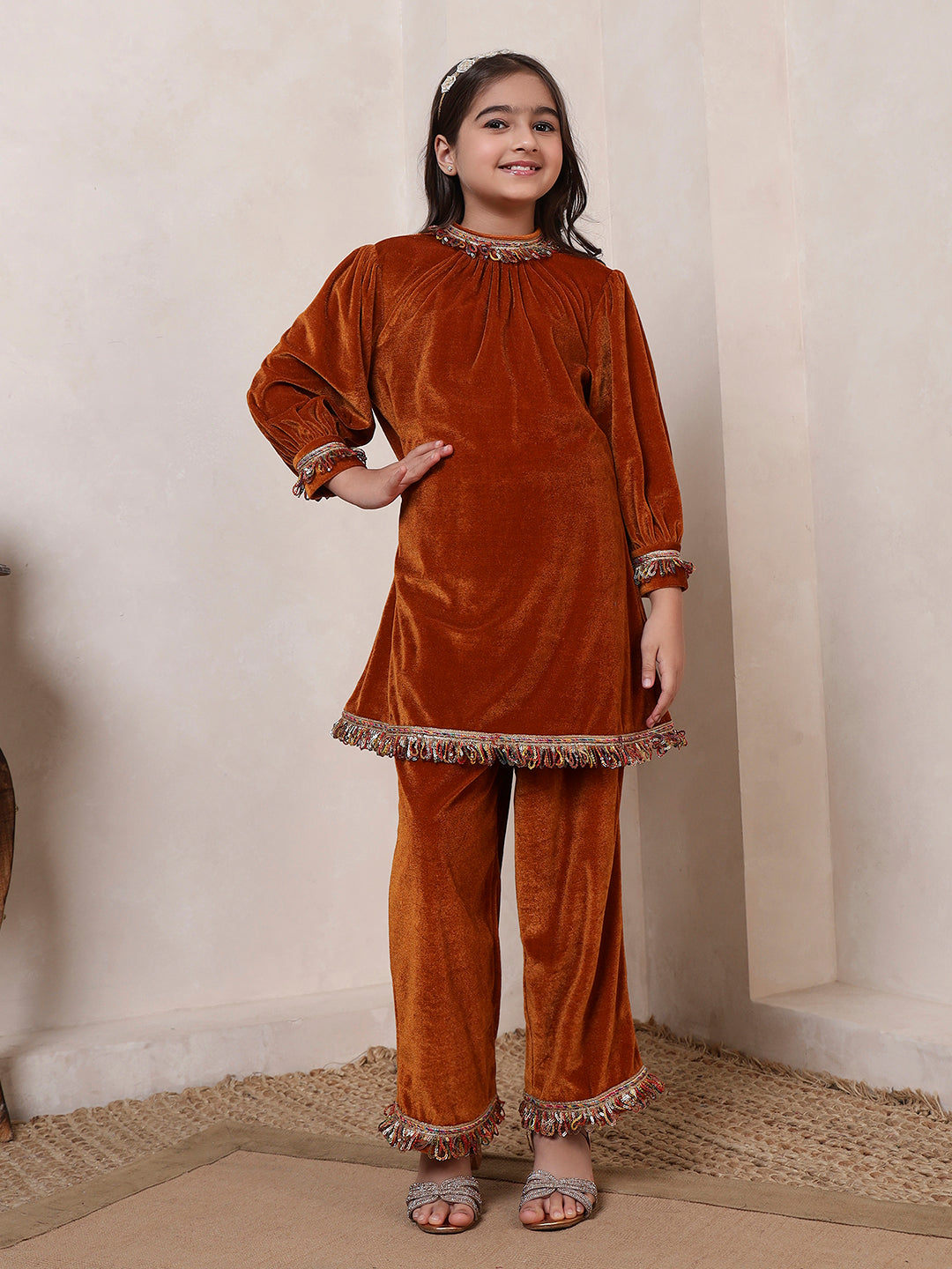 Mustard Velvet Band Collar Kurta Set