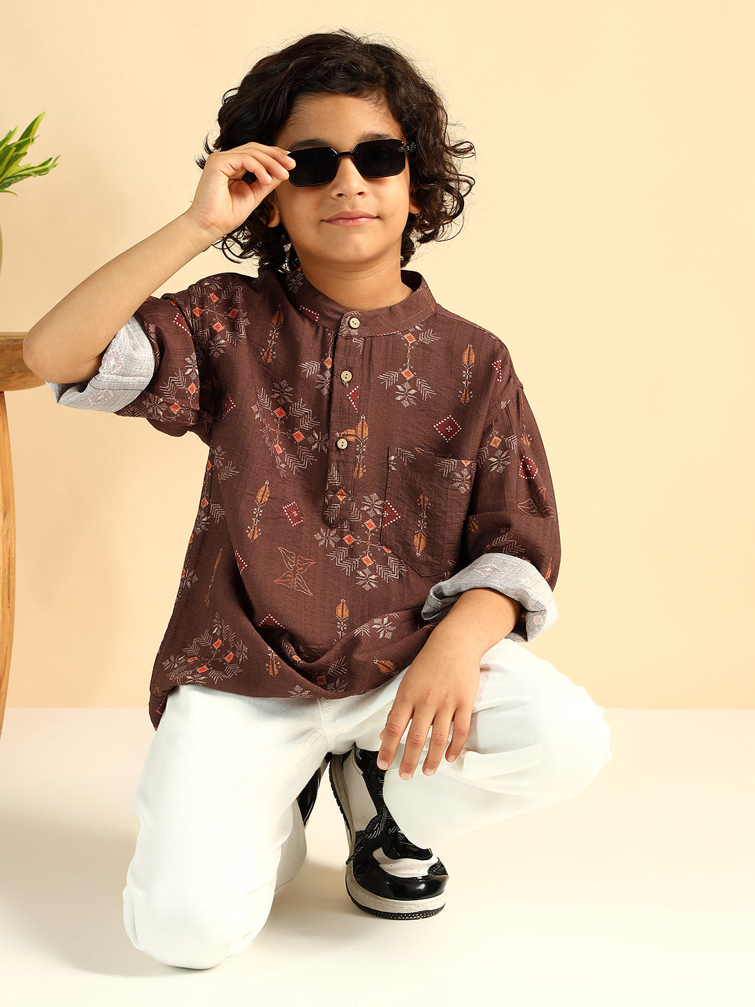 Geometric Print Short Kurta For Boys