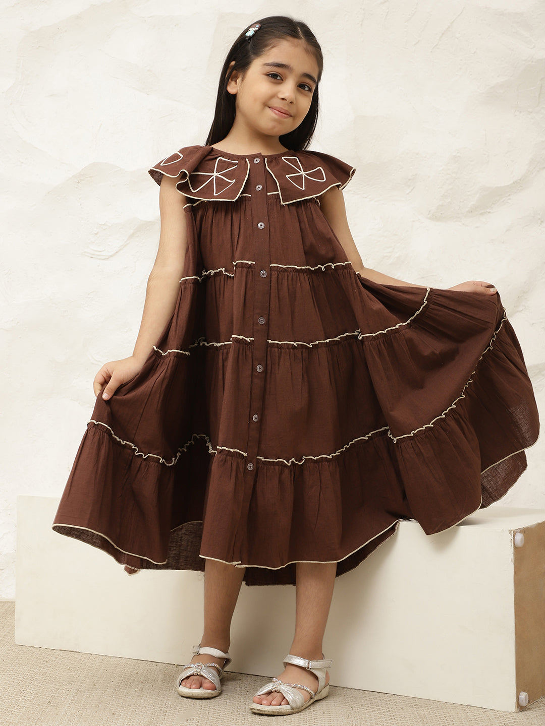 Pure Cotton Brown Embroidered Tiered Dress