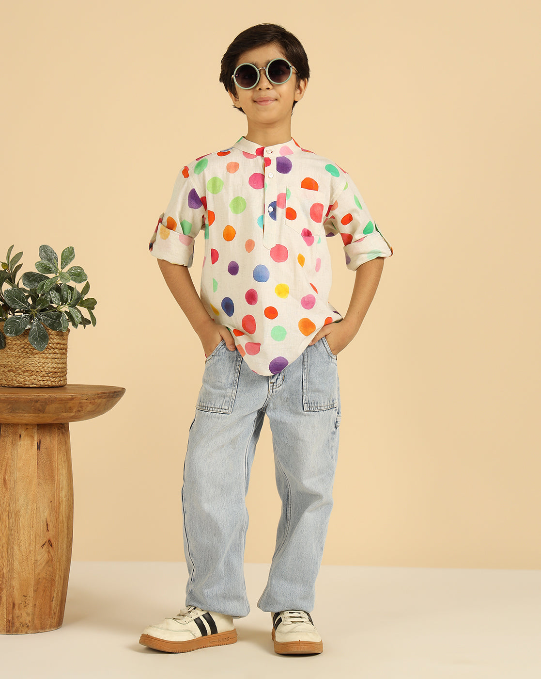 Pure Cotton Multi Color Polka Printed Boys Kurta