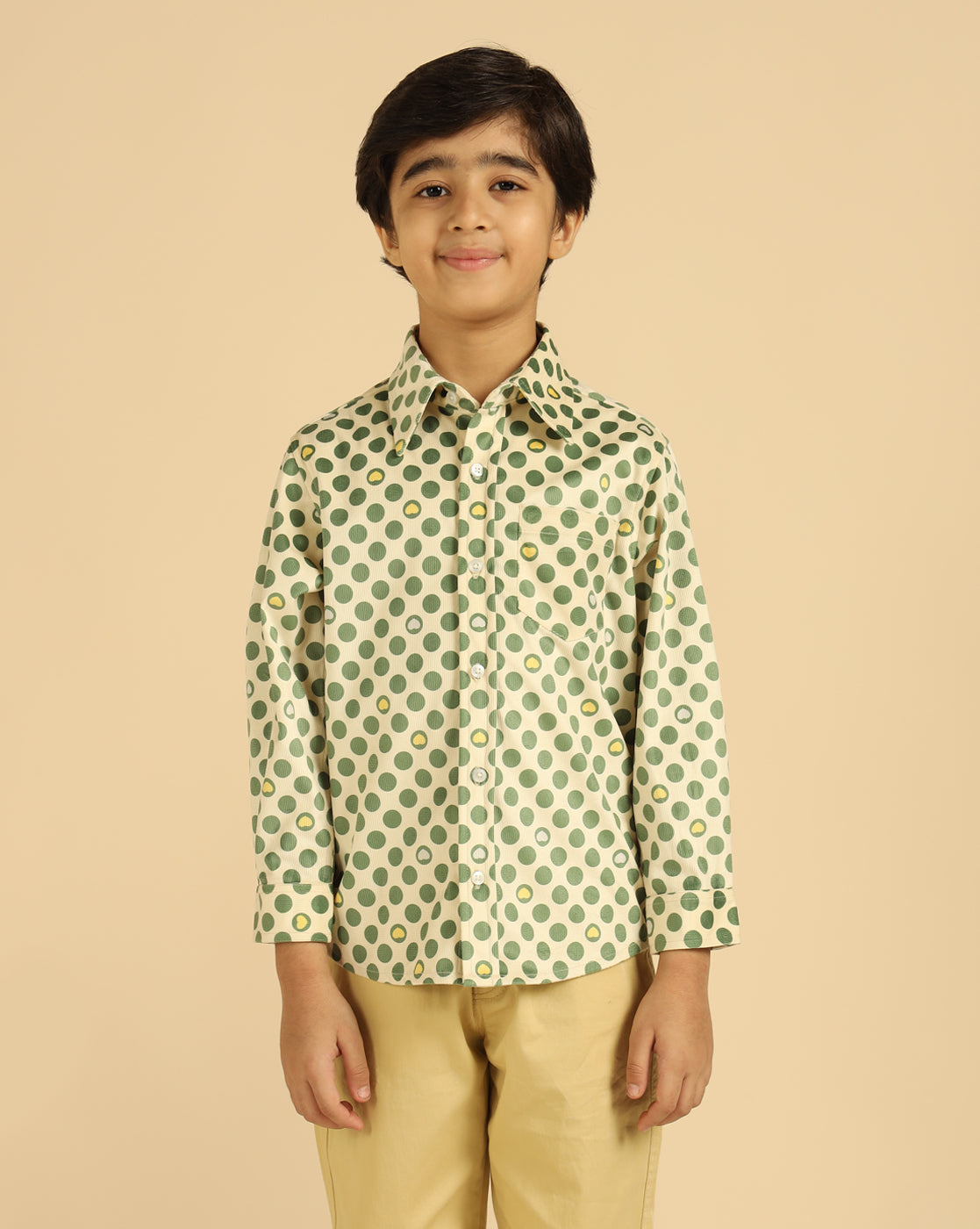 Green Pure Cotton Corduroy Polka Boys Shirt