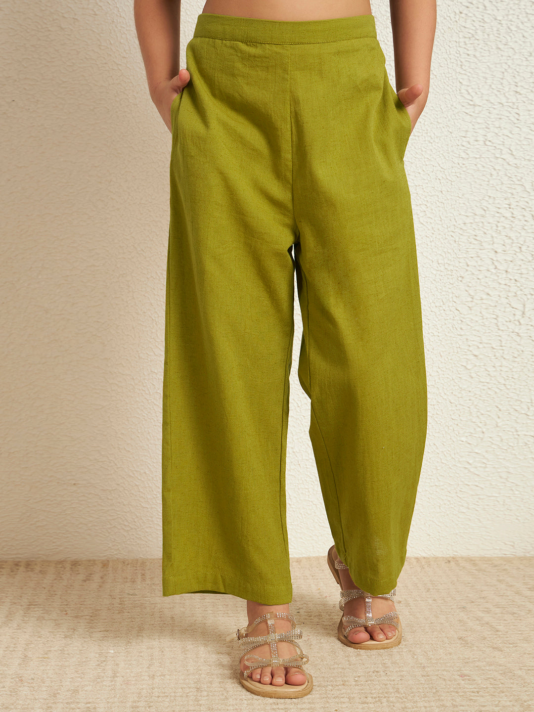 Lime Green Cotton Flex Solid V-Neck Blazer With Pant Girls Co-Ord Set