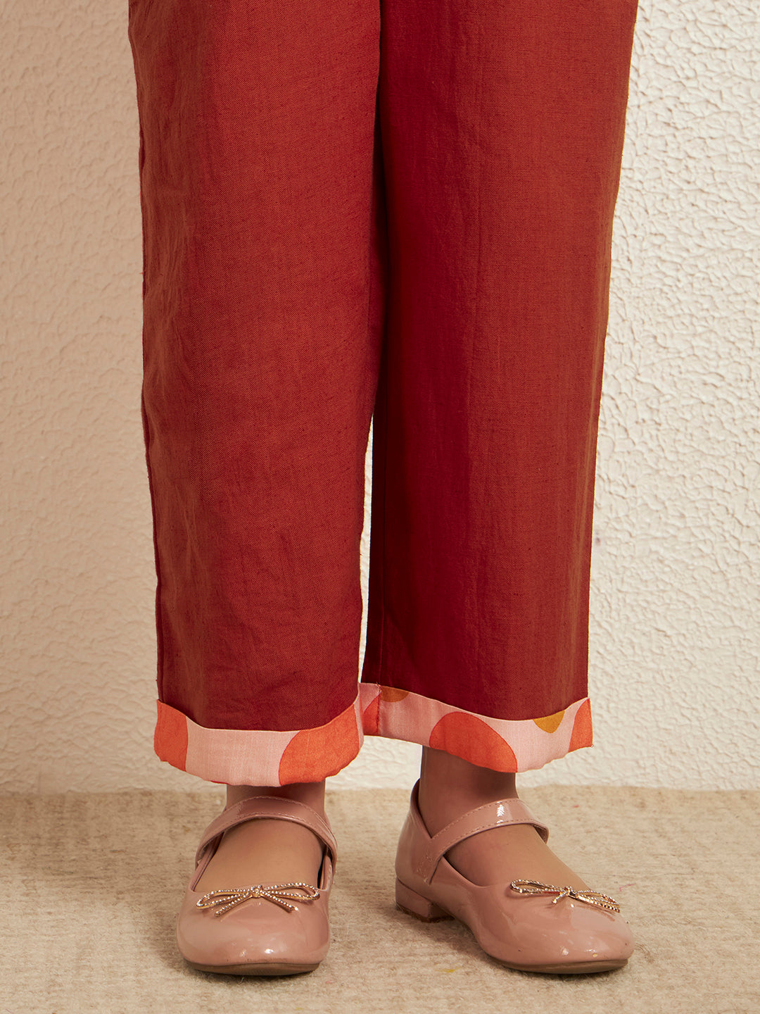 Red Orange Cotton Flex Solid With Polka Print Girl's Jumpsuit Set