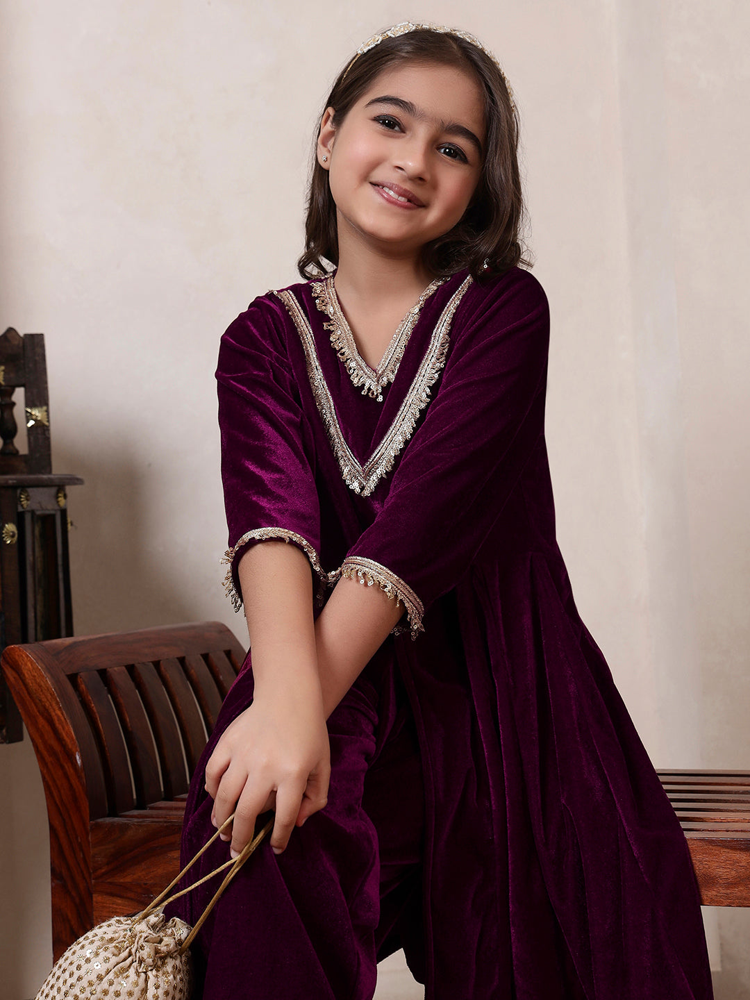 Wine Velvet Kurta Set
