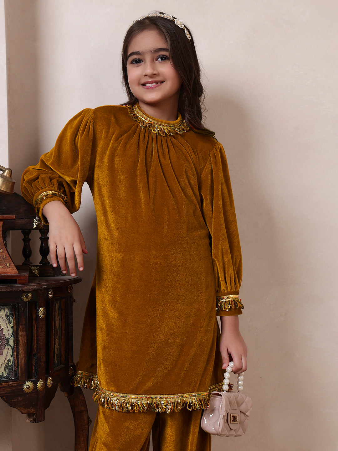 Mustard Velvet Band Collar Kurta Set
