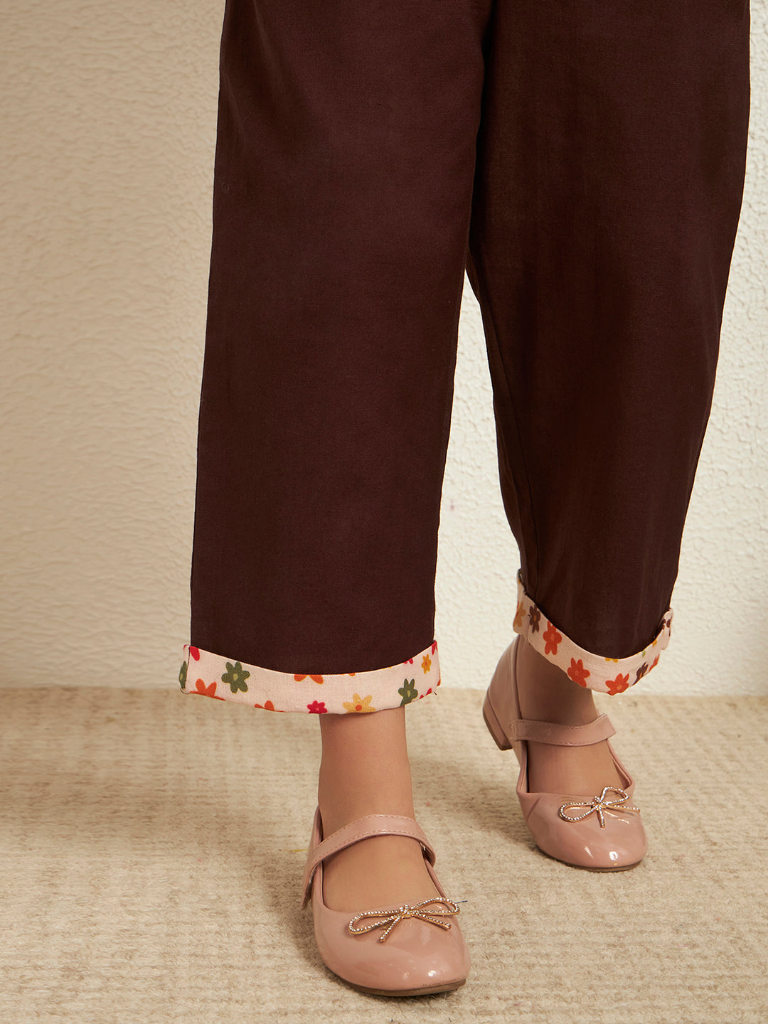 Brown Cotton Flex Solid With Floral Print Girl's Jumpsuit Set