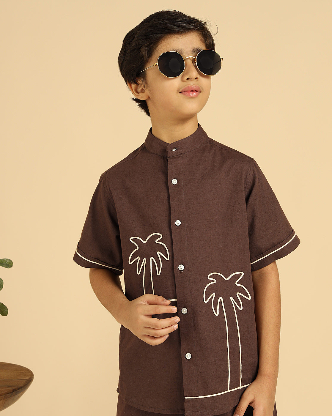 Brown Pure Cotton Embroidered Shirt With Shorts Boys Co-Ord Set