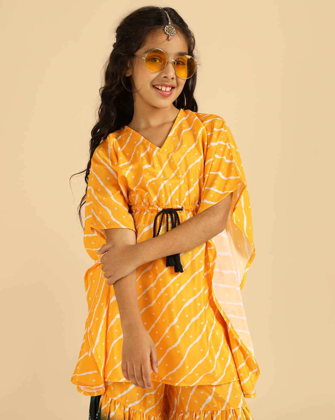 Yellow Striped Kaftan With Sharara Indo Western Girls Co-Ord Set