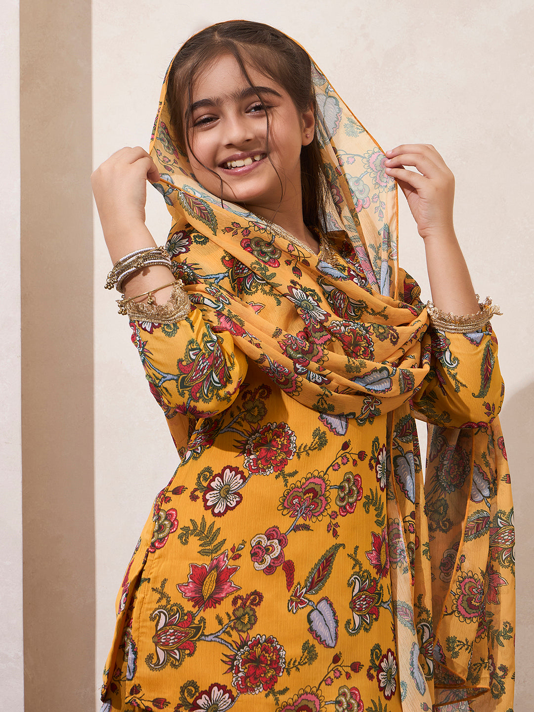 Girl's Multi Color Fusion Wear Kurta & Palazzo With Dupatta Set