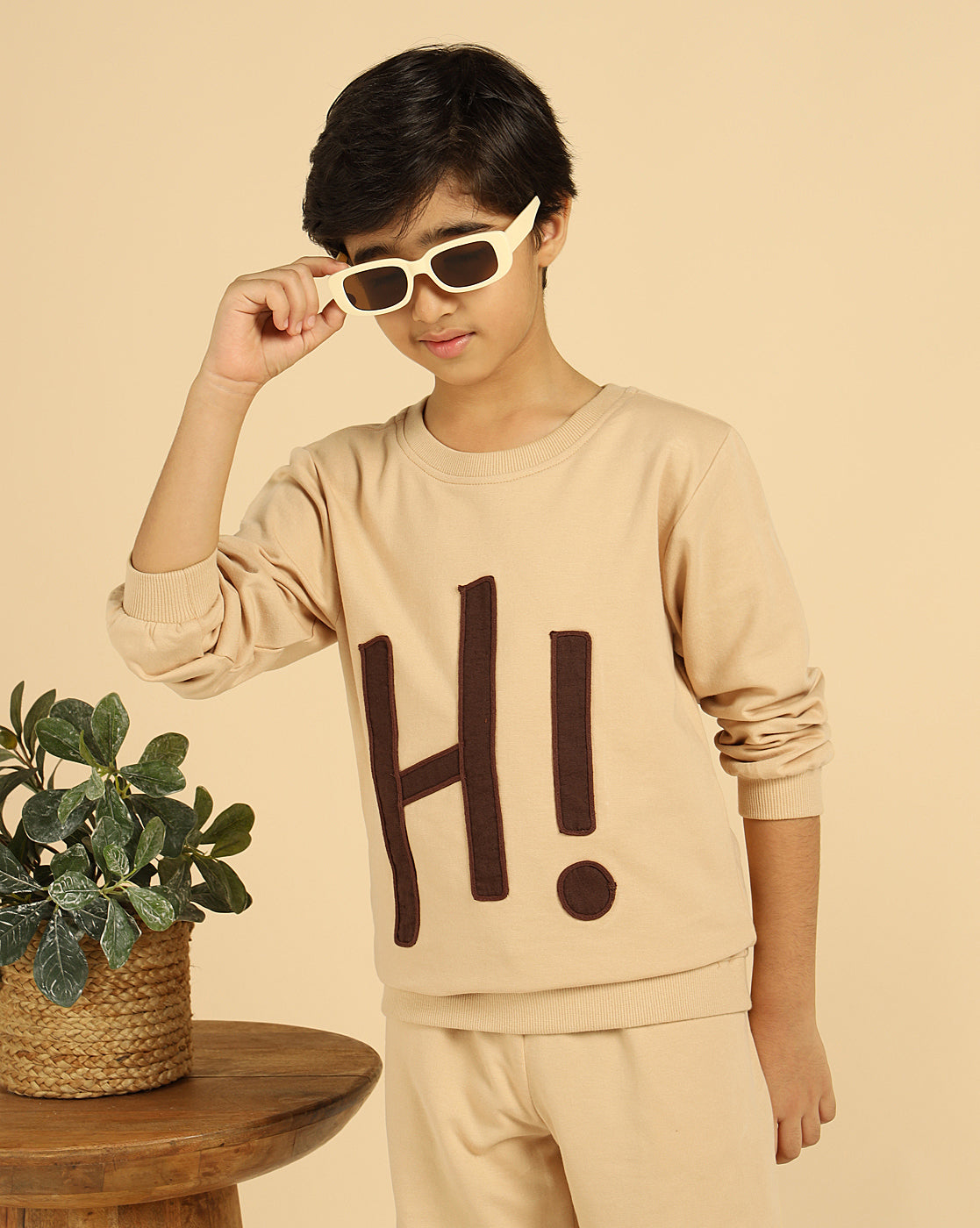 Pure Cotton Beige Patch Work Boys Co-Ord Set