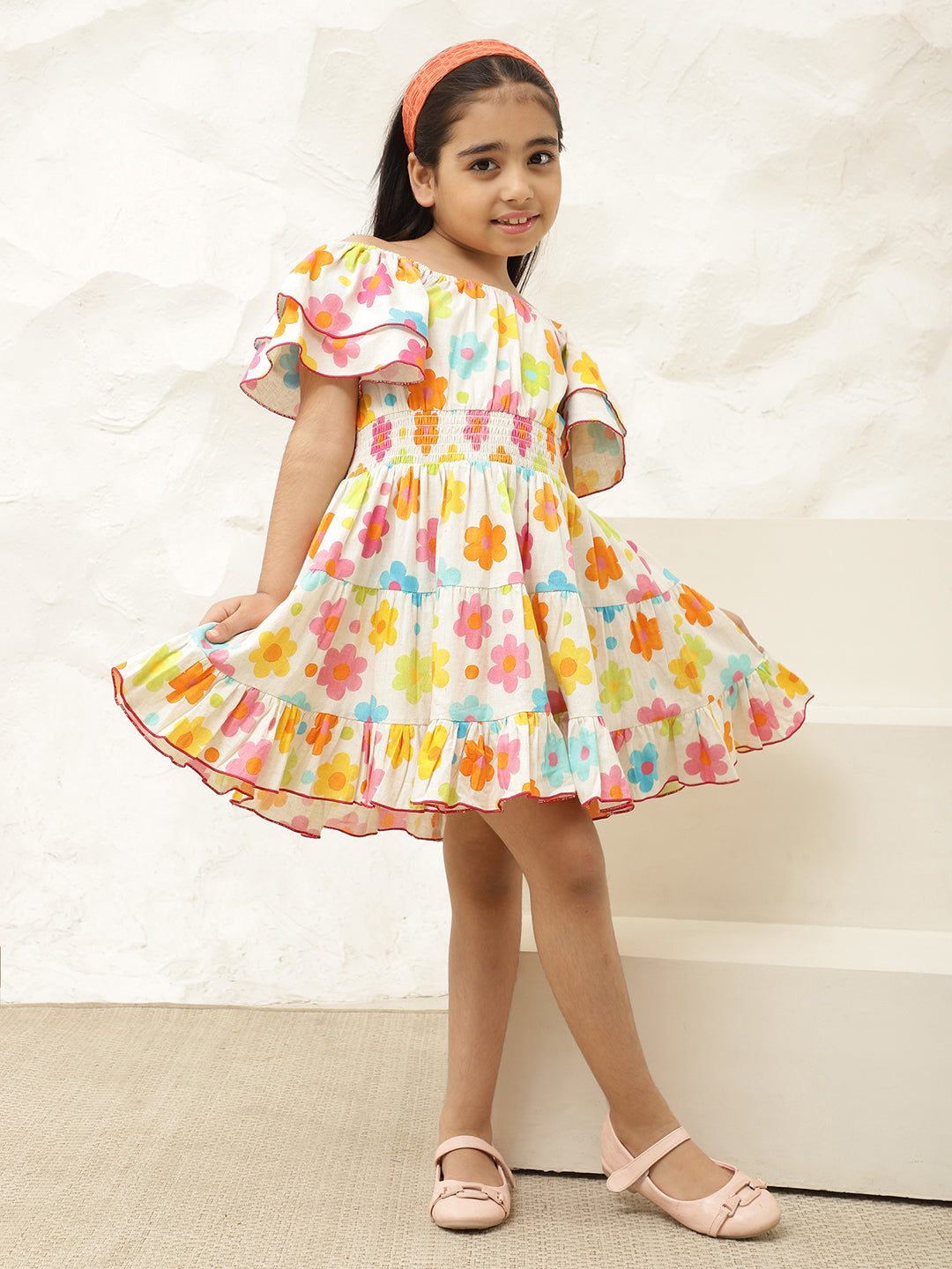 Pure Cotton Multicolor Floral Print Tiered Dress