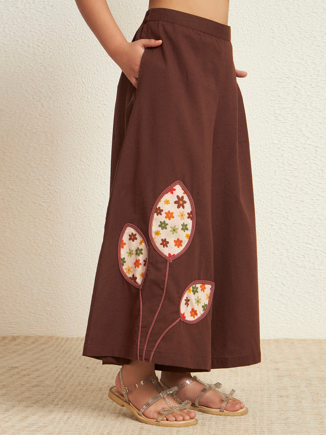 Brown Cotton Flex Solid One-Shoulder Patch Work Girls Co-Ord Set