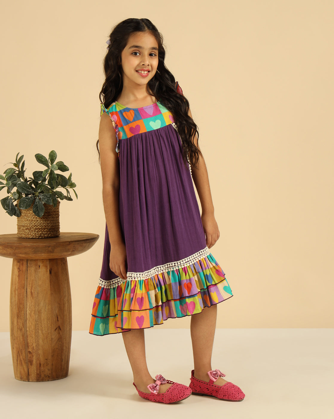 Multi-Color Heart Printed Tiered Girls Dress