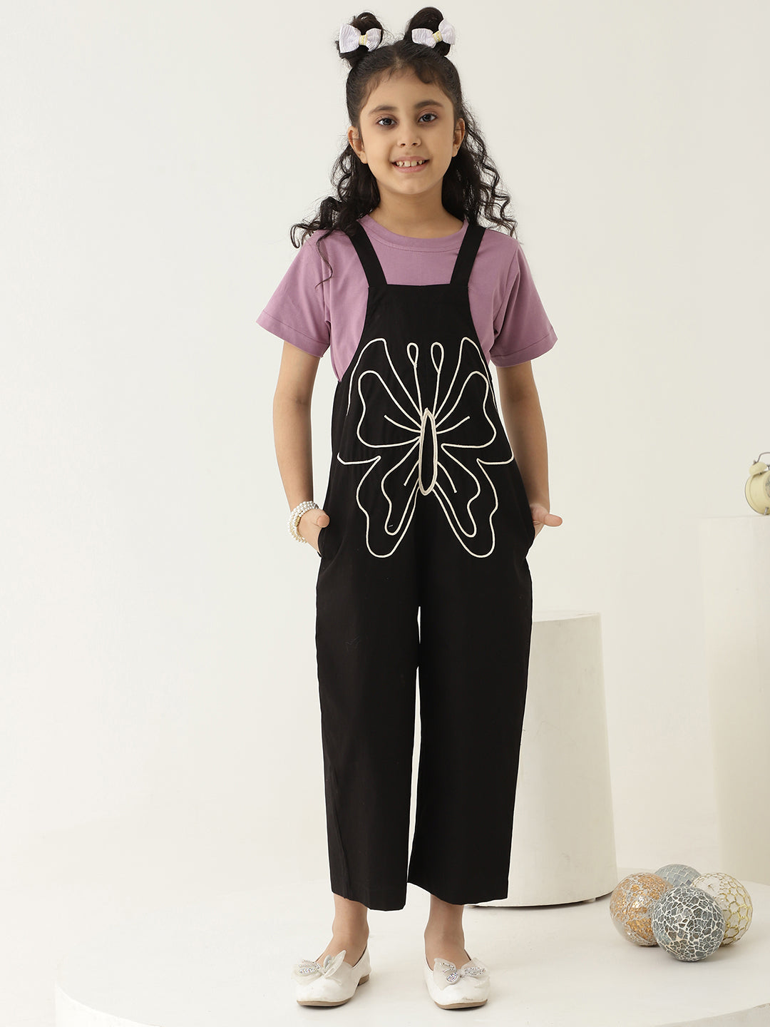 Black Pure Cotton Jumpsuit With Butterfly Motif (T-shirt not included)