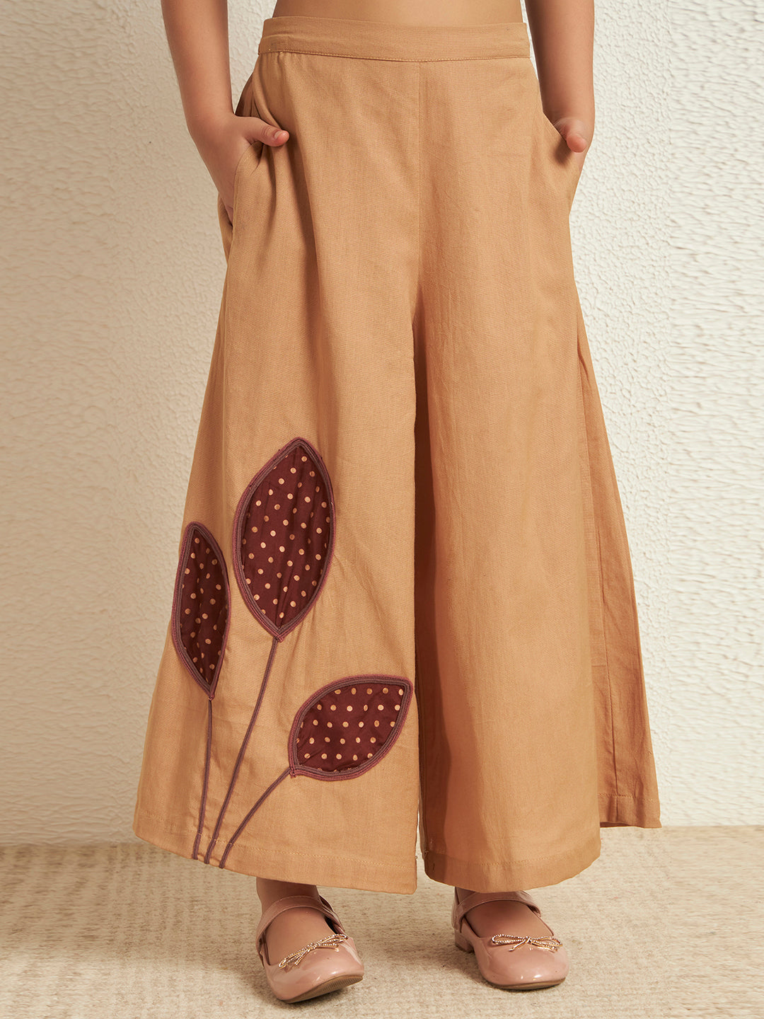 Beige Cotton Flex Solid One-Shoulder Patch Work Girls Co-Ord Set