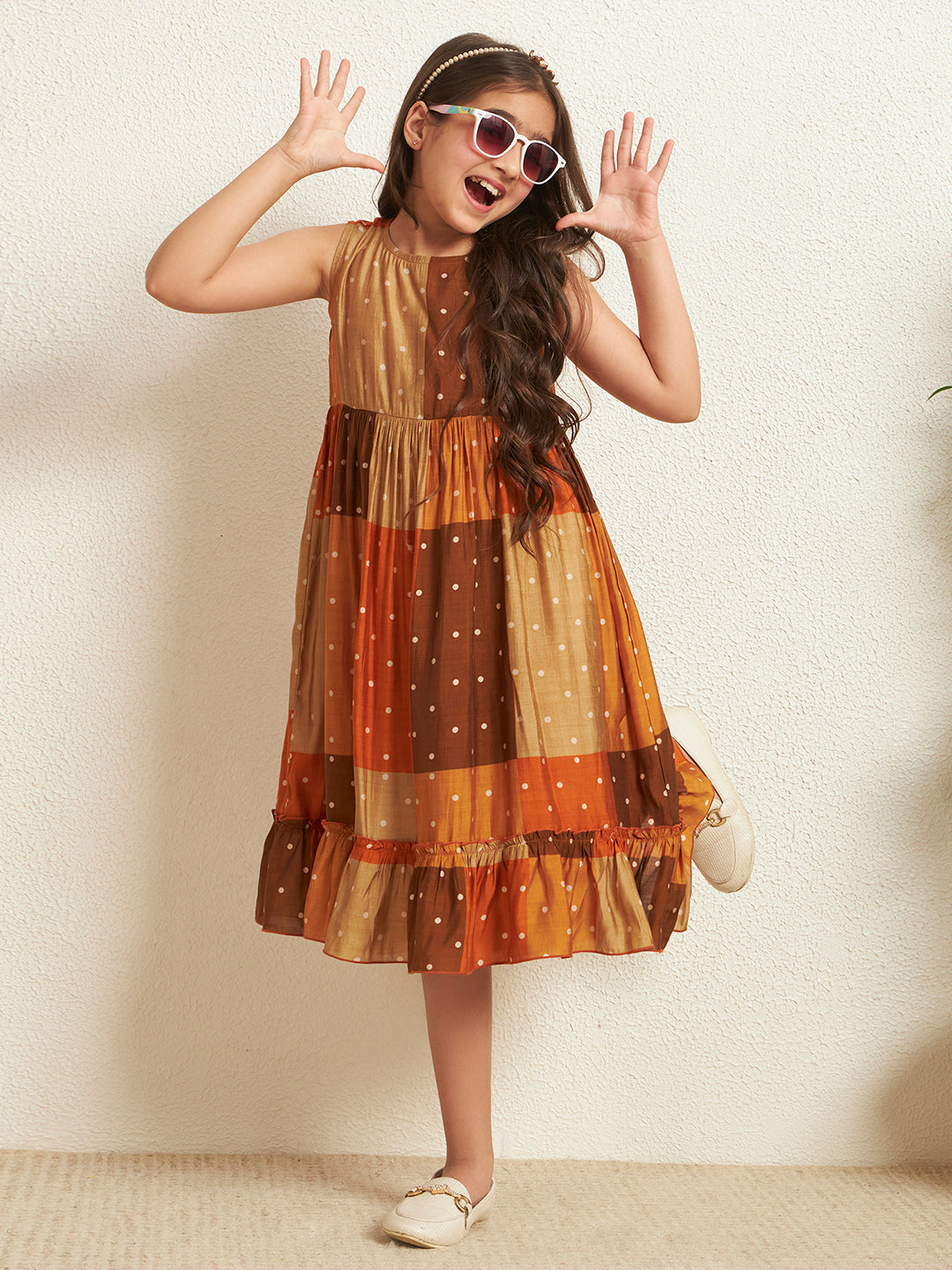 Girl's Multi Color Modal Chanderi Patch Print Tiered Dress