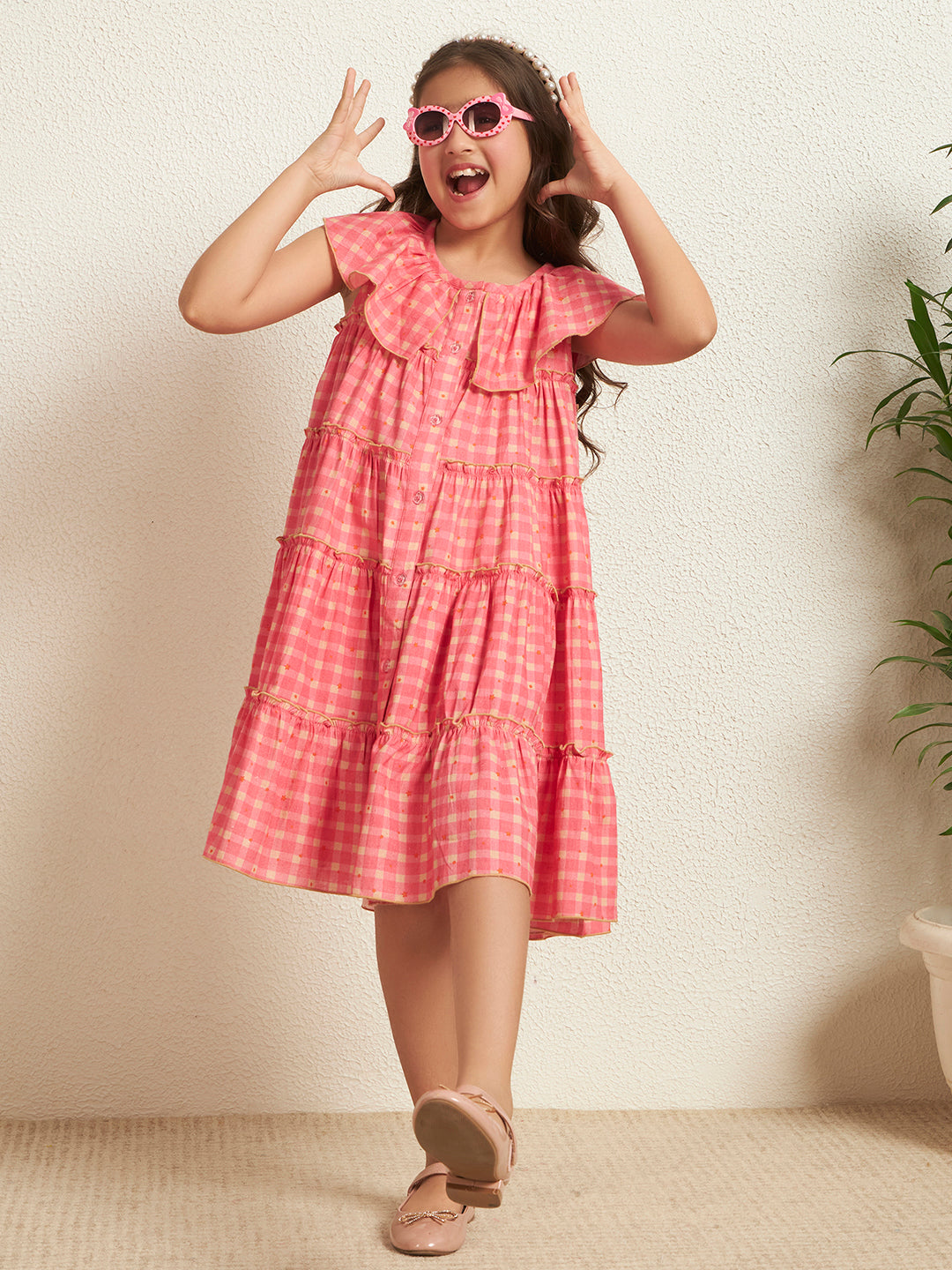 Girl's Carrot Pink Cotton Flex Check Print Shirt Style Tiered Dress