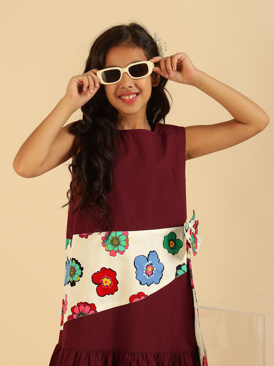 Wine With Floral Printed Bow Style Girls Dress