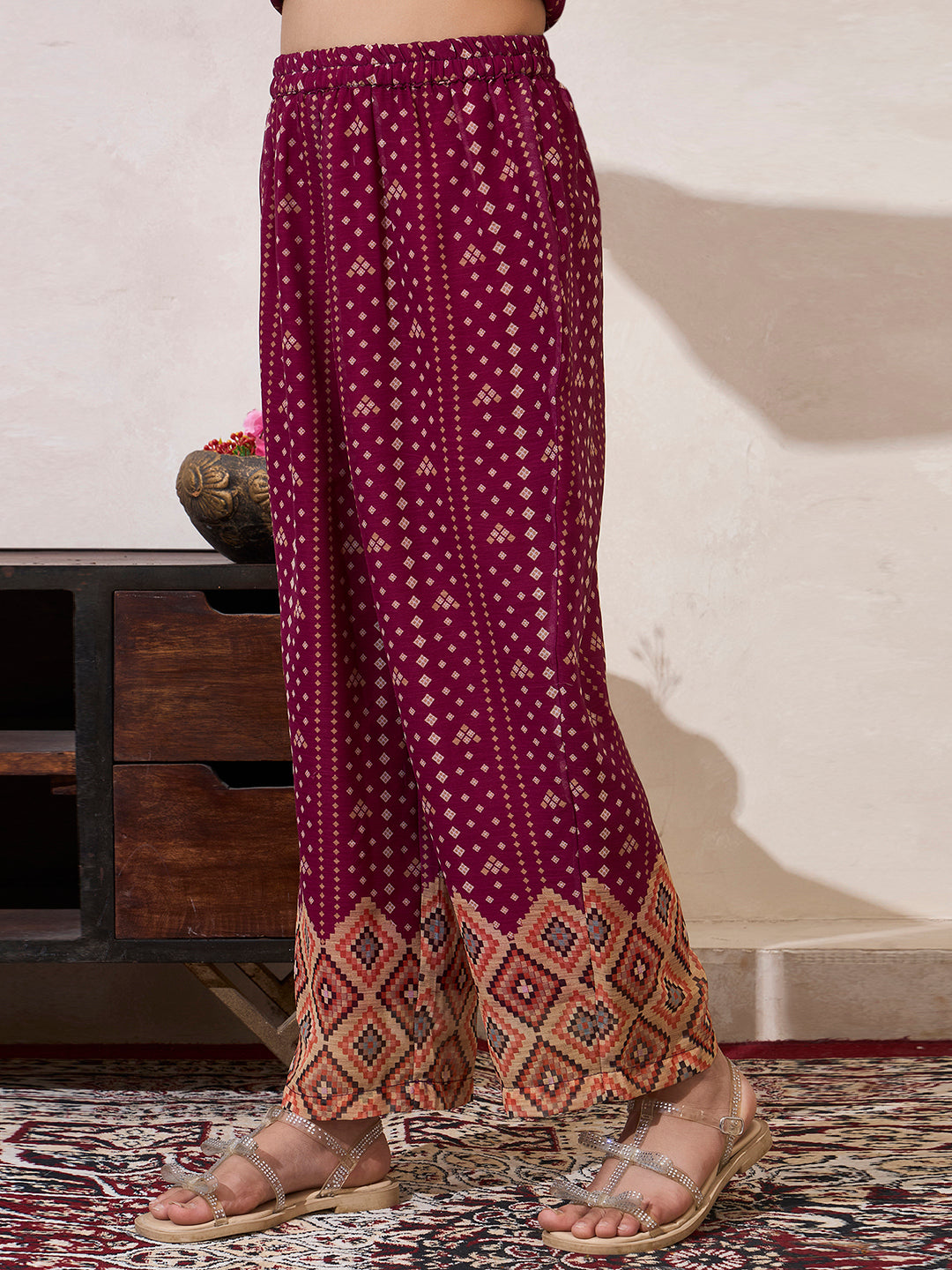 Wine B&hani Gathered Neck Kurta With Pant