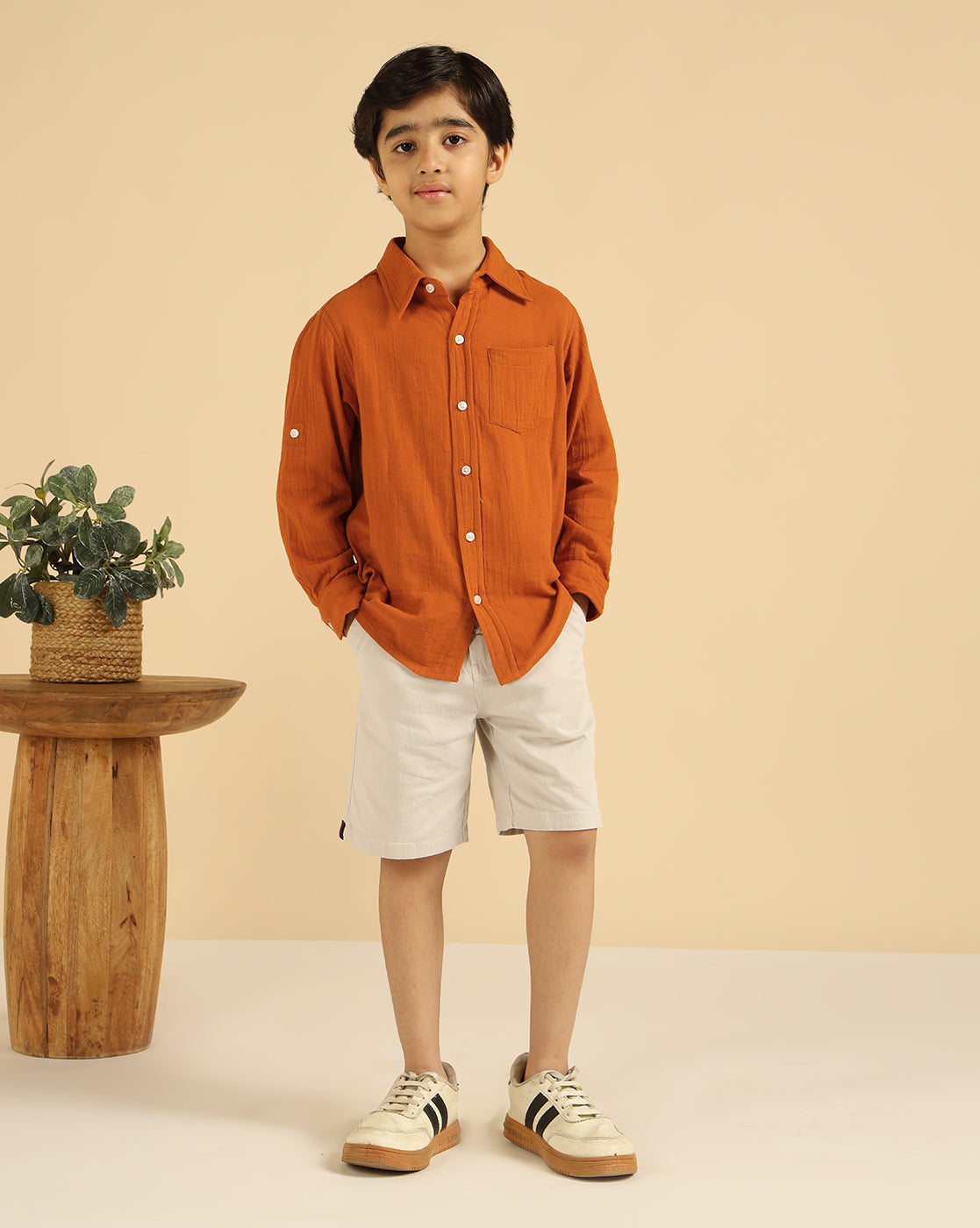 Pure Cotton Tan Brown Solid Boys Shirt
