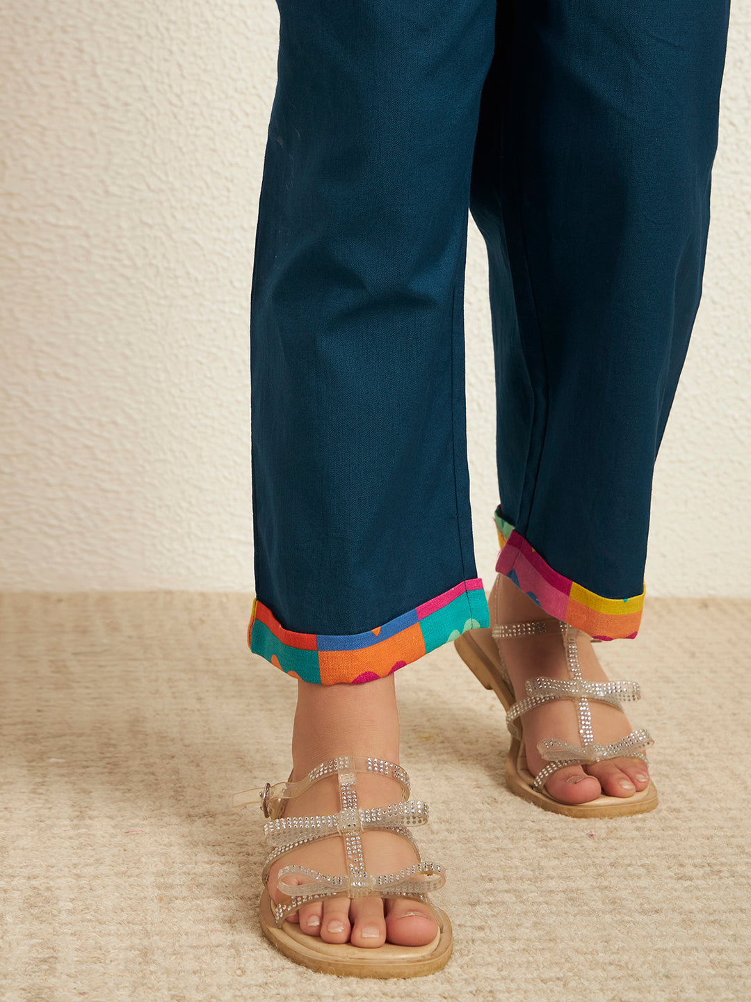 Teal Blue Cotton Poplin Heart Print With Solid Pattern Girl's Jumpsuit Set