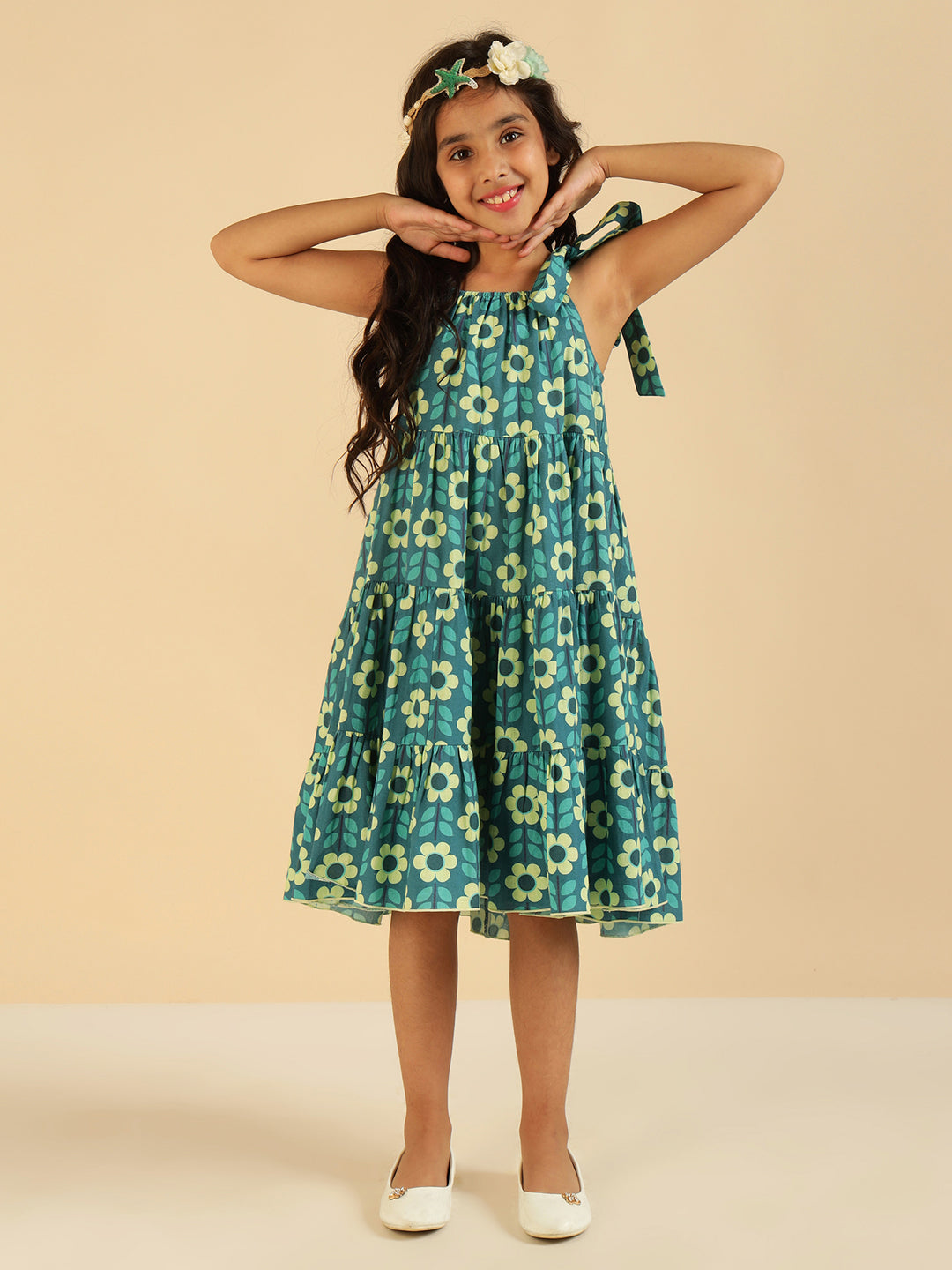 Pure Cotton Floral Print Tiered Girls Dress