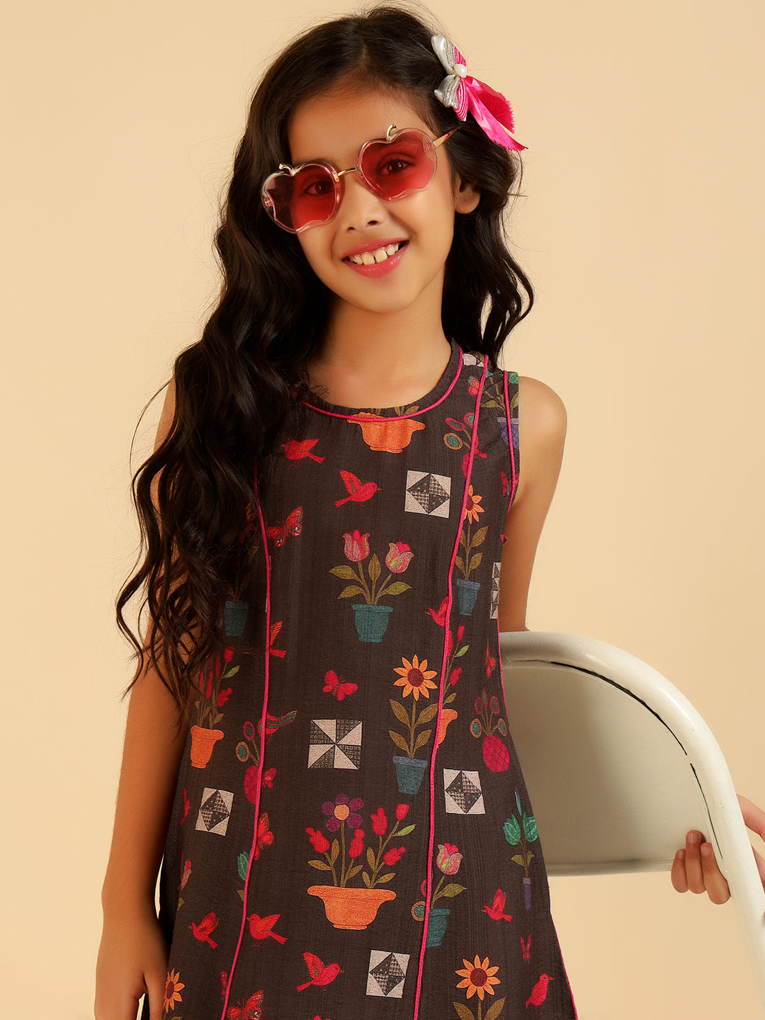 Brown Multi Color Floral Panel Girls Dress