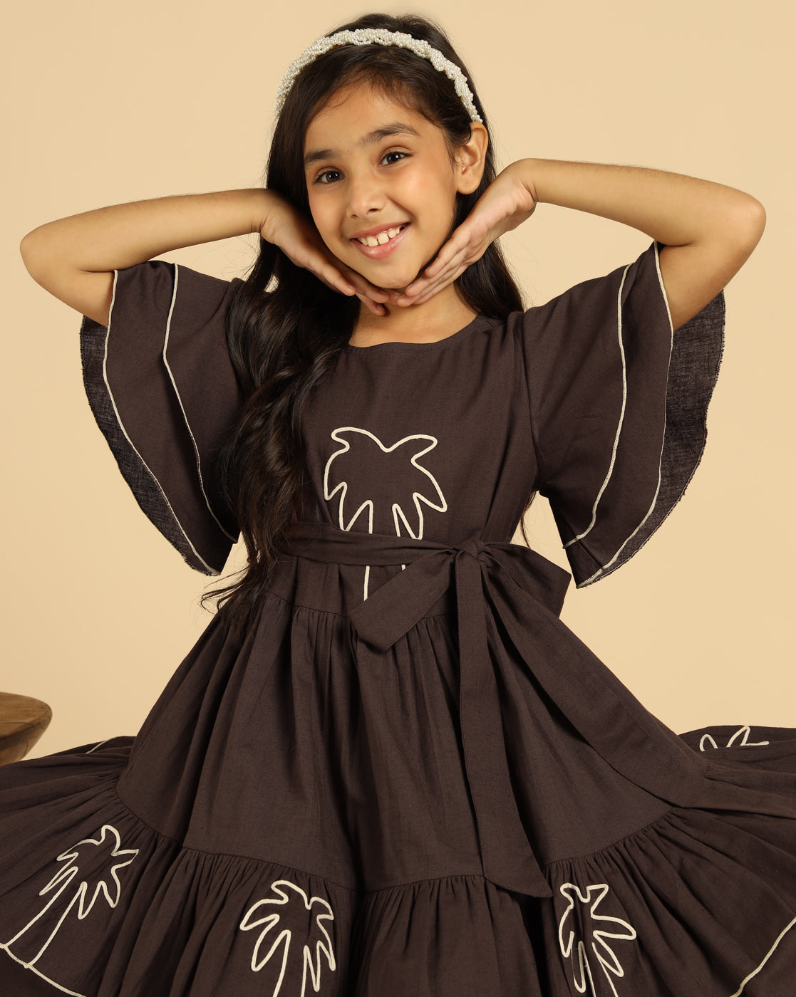 Brown Embroidered Palm Motif Pure Cotton Girls Dress