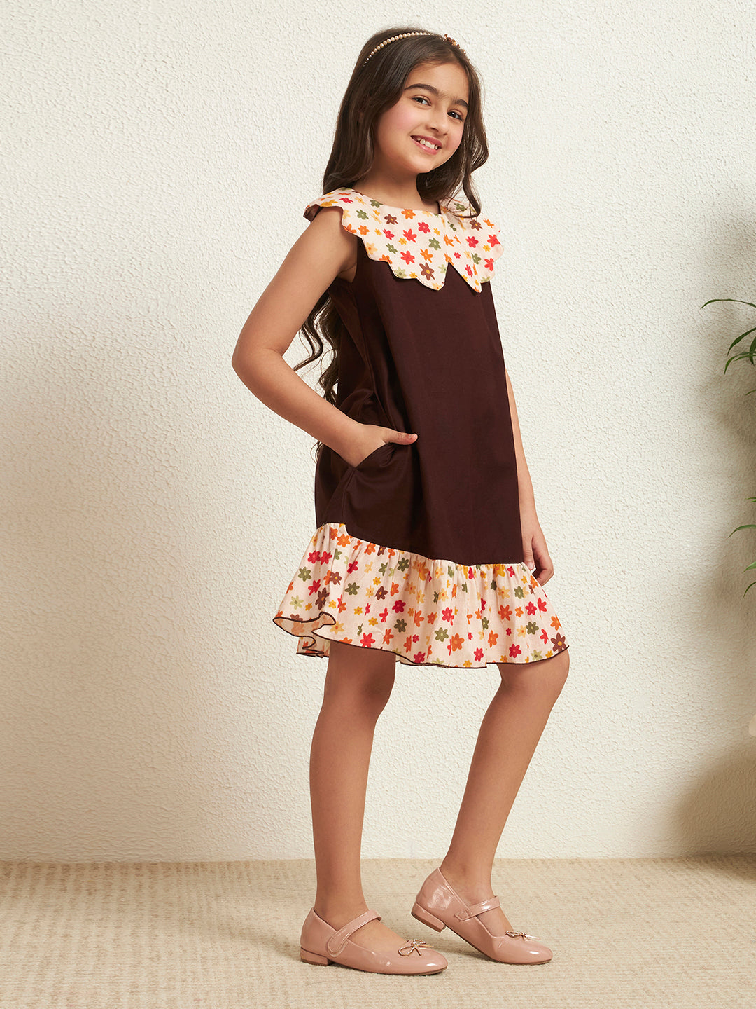 Girl's Brown Cotton Flex Solid With Floral Print A-Line Dress