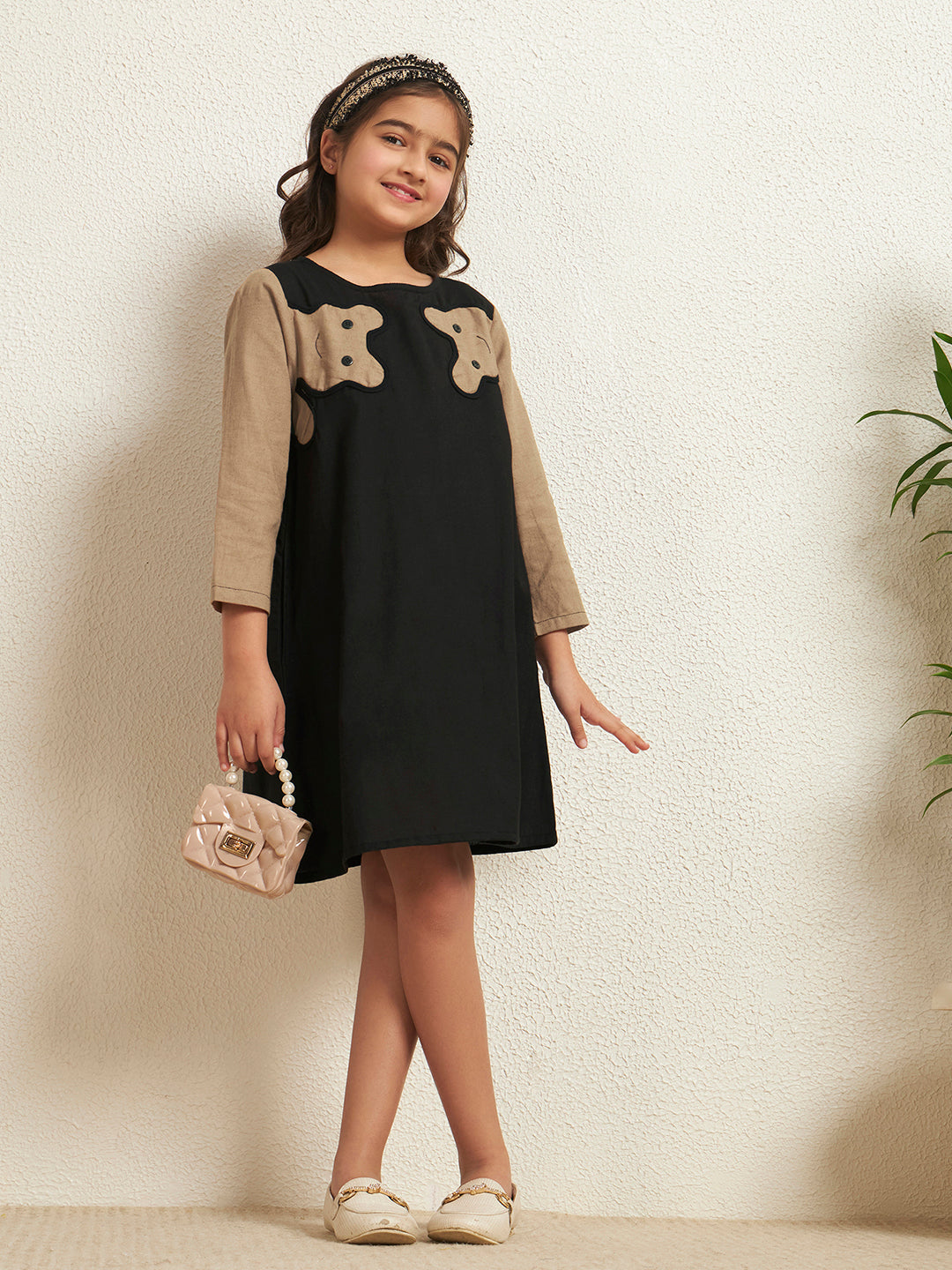 Girl's Black Cotton Flex Solid A-Line Style Dress