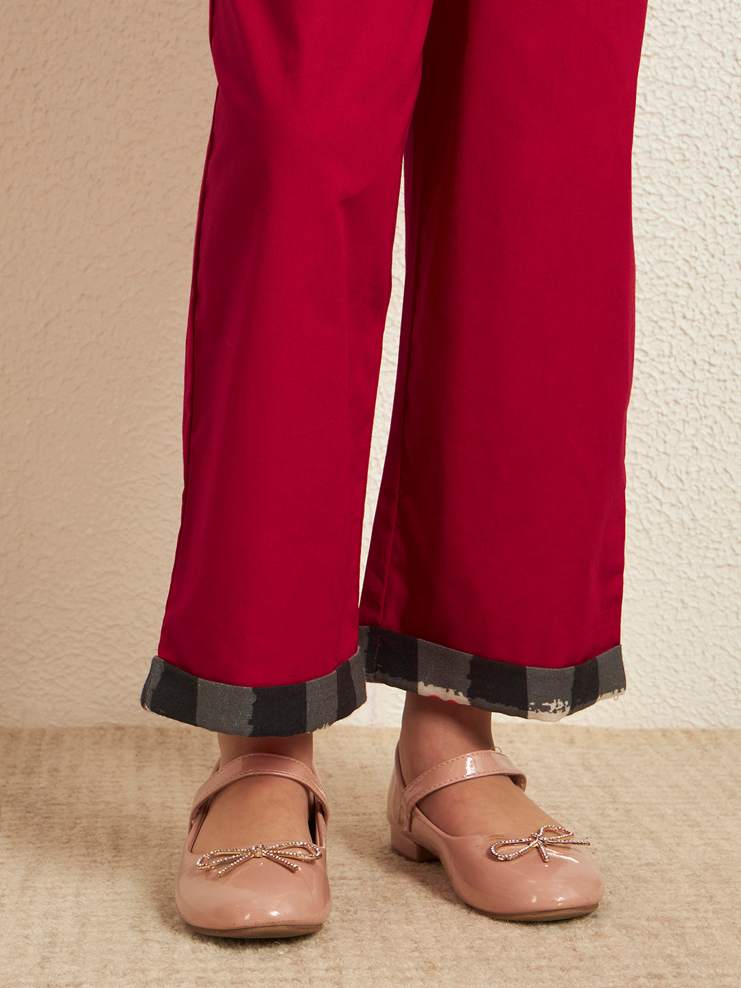 Red Cotton Poplin Heart Print Check With Solid Pattern Girl's Jumpsuit Set