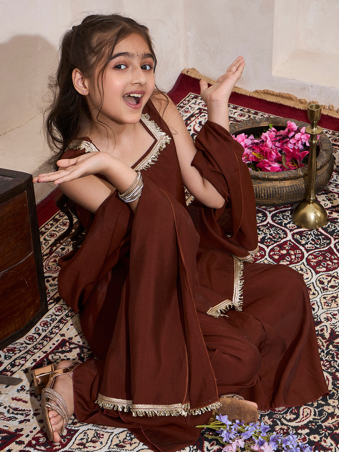 Girls Dark Copper Brown Short Kurti Palazzo Dupatta Set