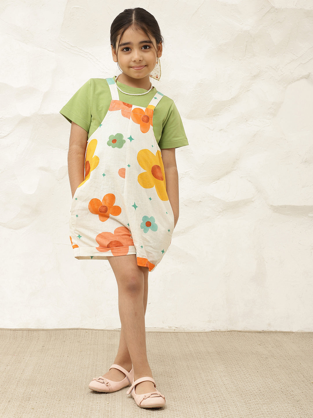 Floral Pure Cotton Jumpsuit With Roll-Up Hem (T-shirt not included)