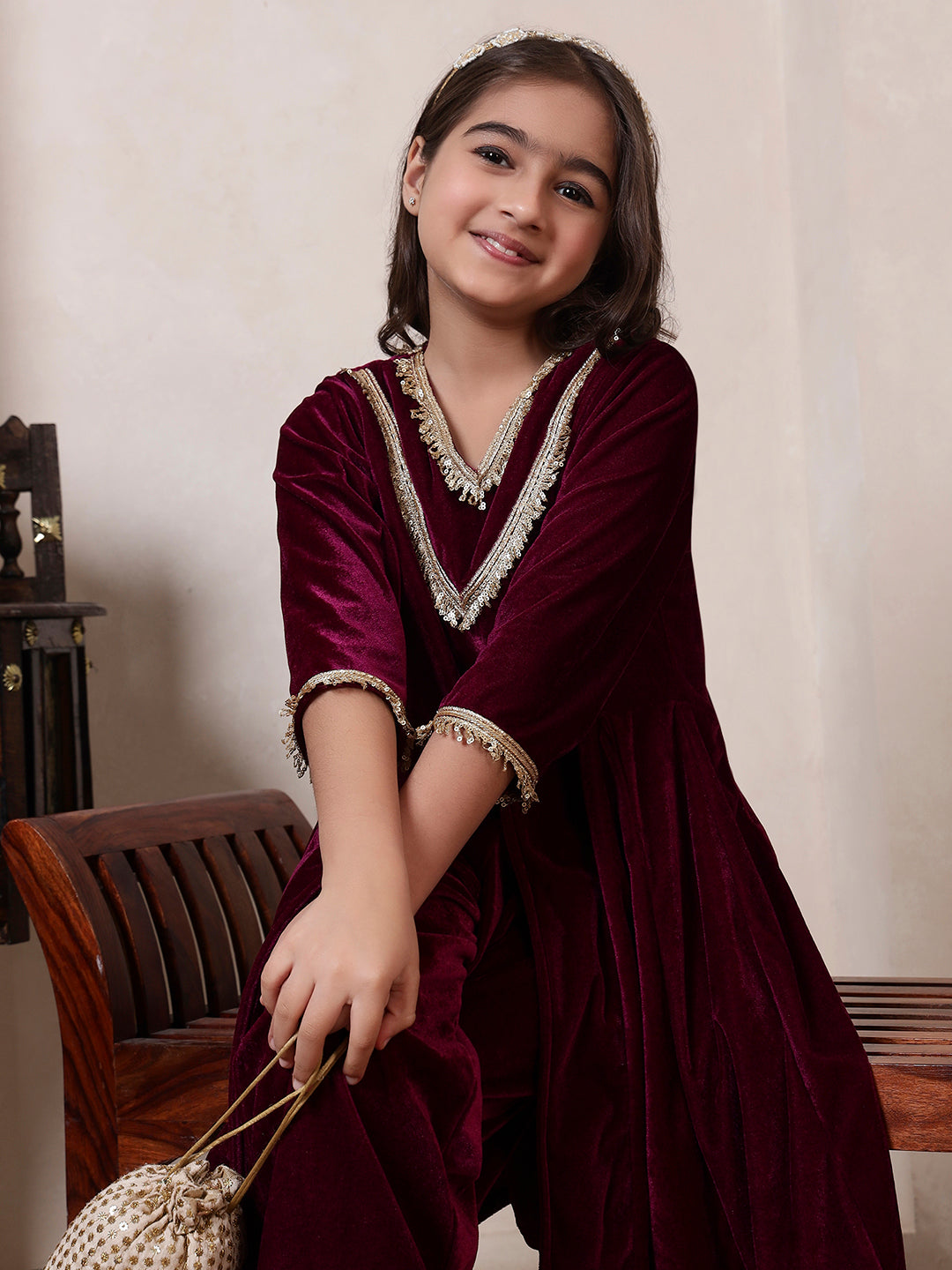 Wine Velvet Kurta Set