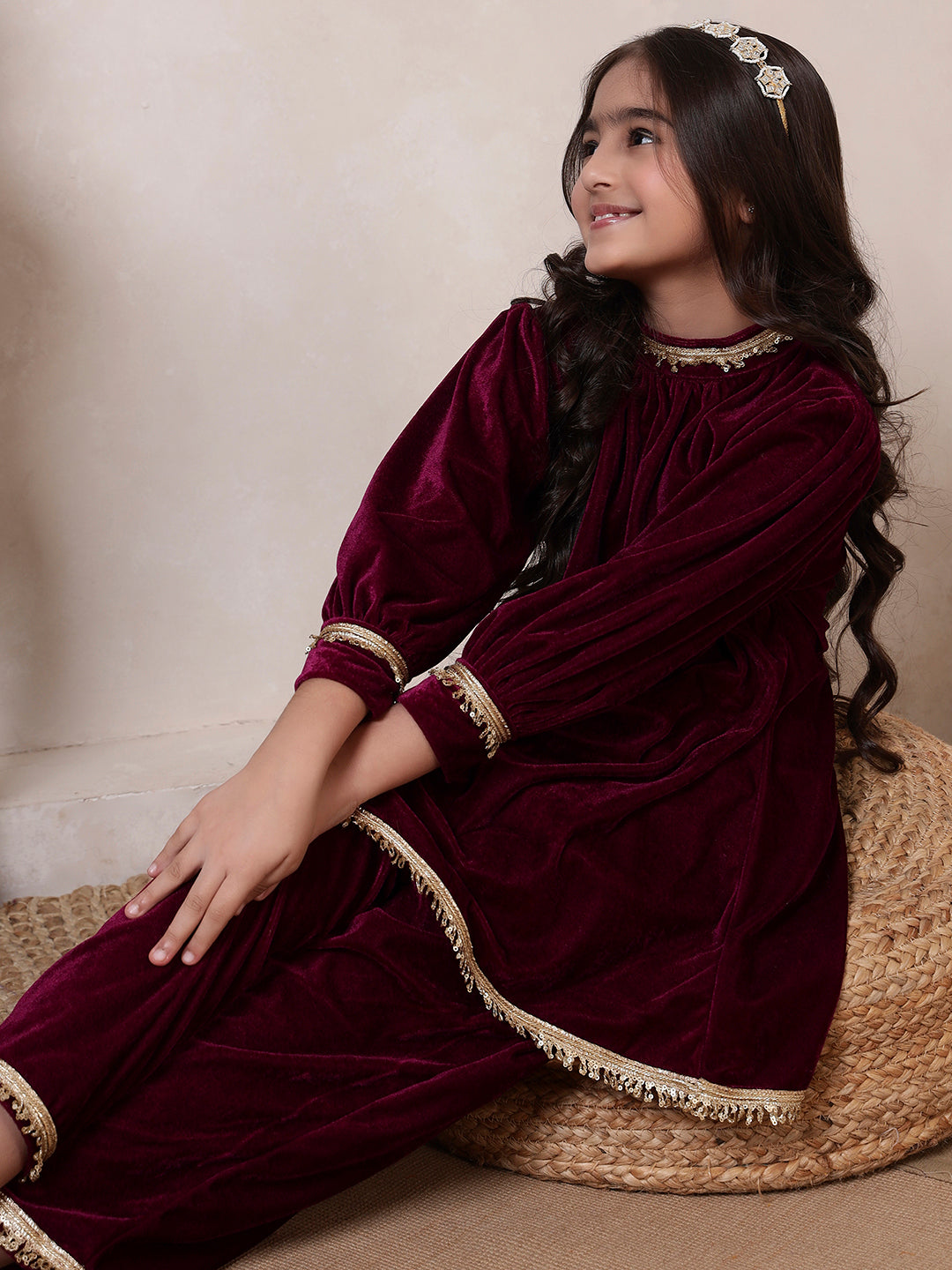 Velvet Band Collar Fusion Kurta Set
