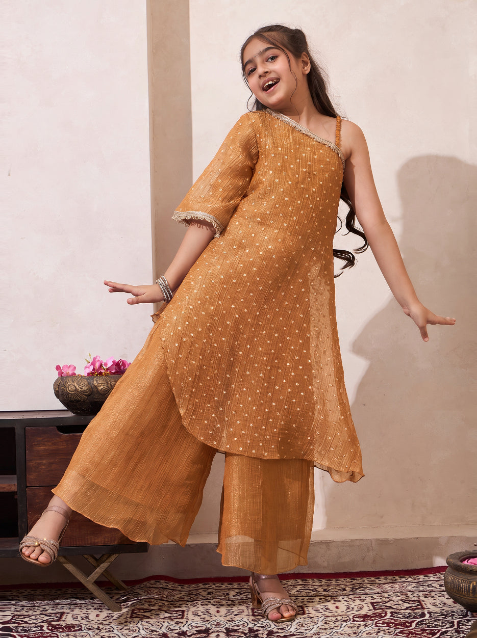 Golden Solid Shimmer Butta One Shoulder Kurta With Palazzo