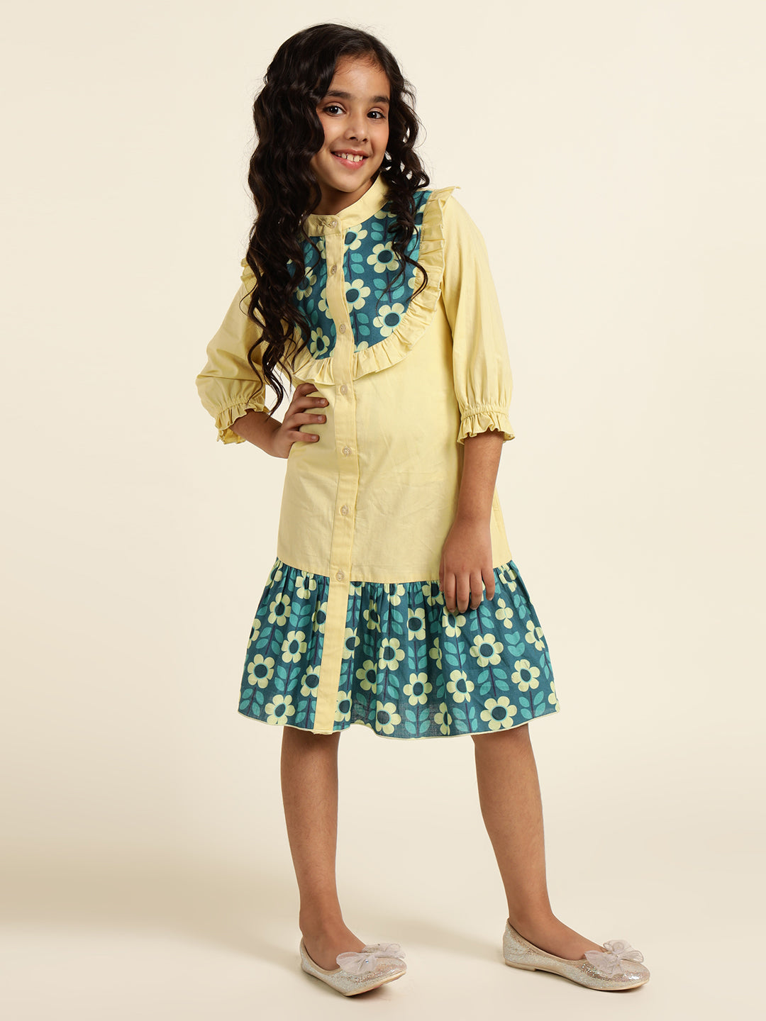 Pure Cotton Floral Printed Girls Tiered Shirt Dress