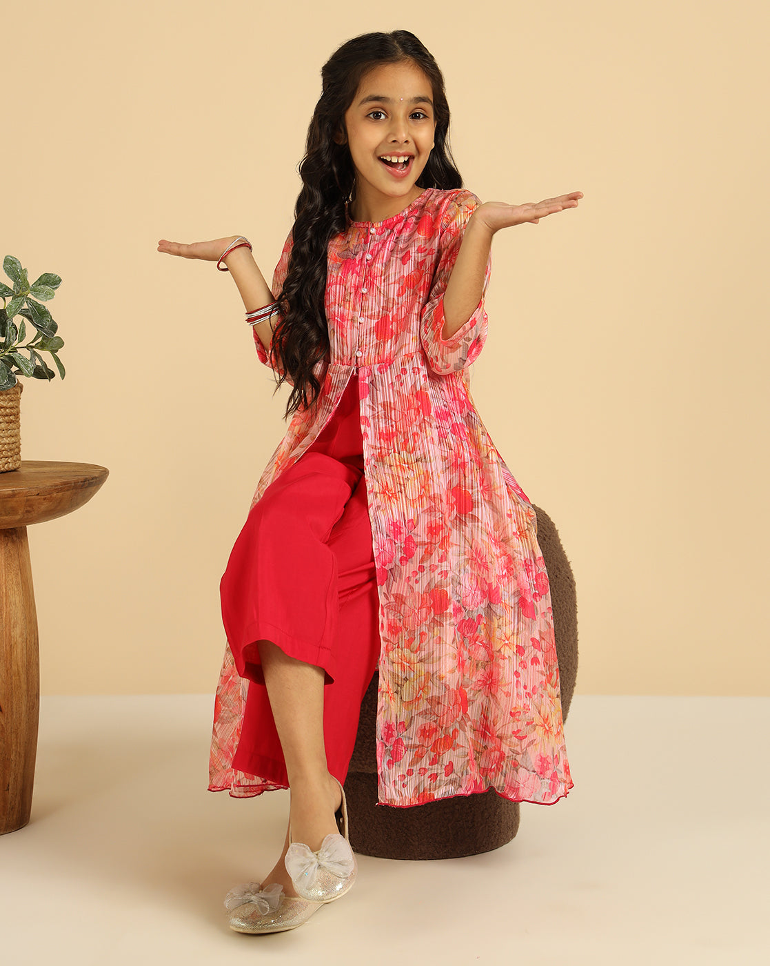 Magenta Floral Indo Western Girls Co-Ord Set